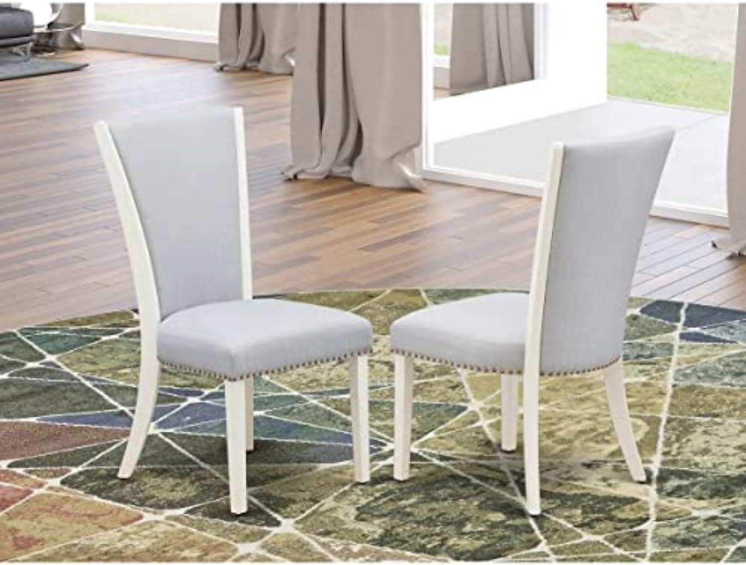 Verona Linen White Wood Frame Upholstered Chair with Gray Linen Fabric Seat with Nail Head & Stylish Back - Set of 2