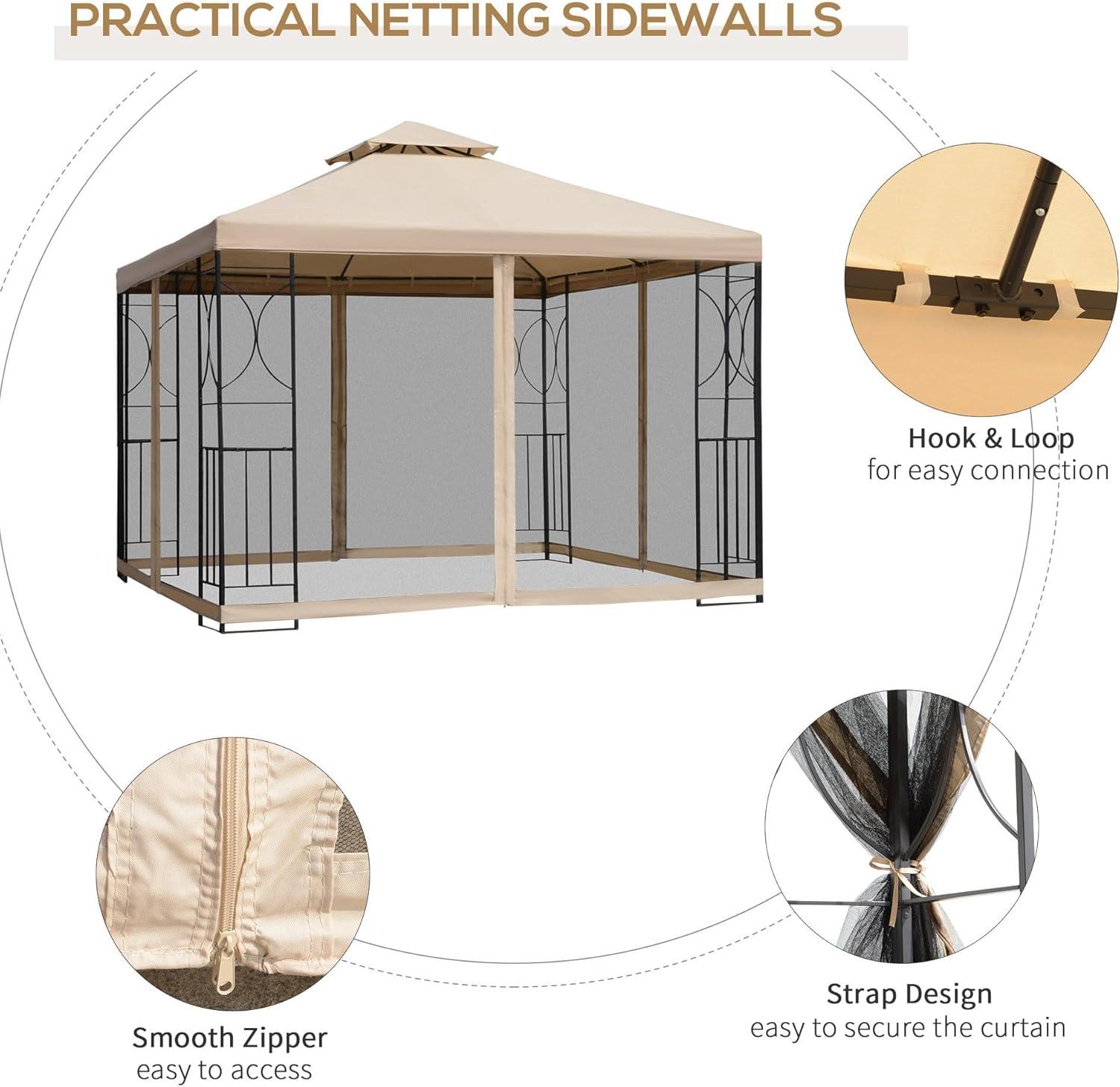 Sand 10' x 10' Steel Patio Gazebo with Netting and Shelves