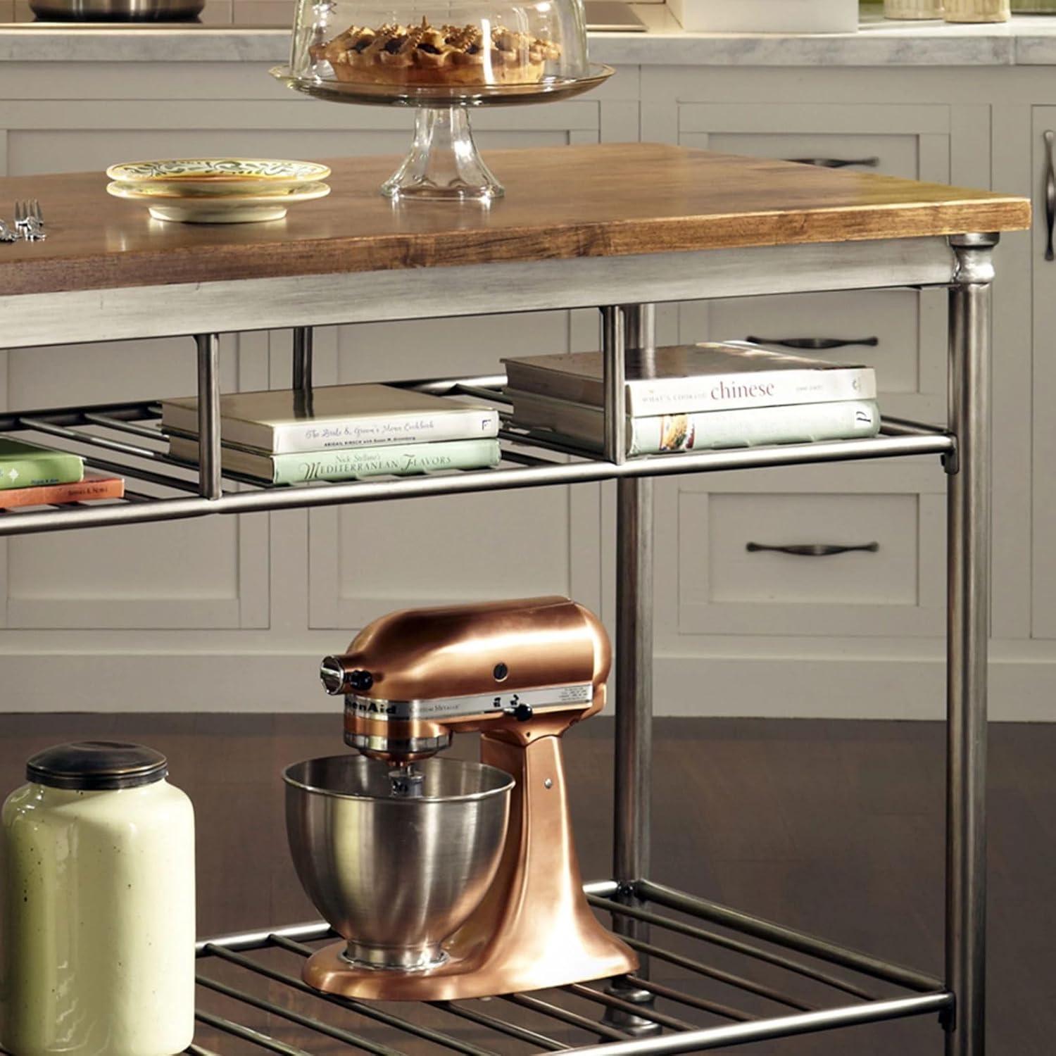 Orleans Kitchen Island: Homestyles Metal Frame, Wood Surface, 2 Shelves Storage Cart - Brown