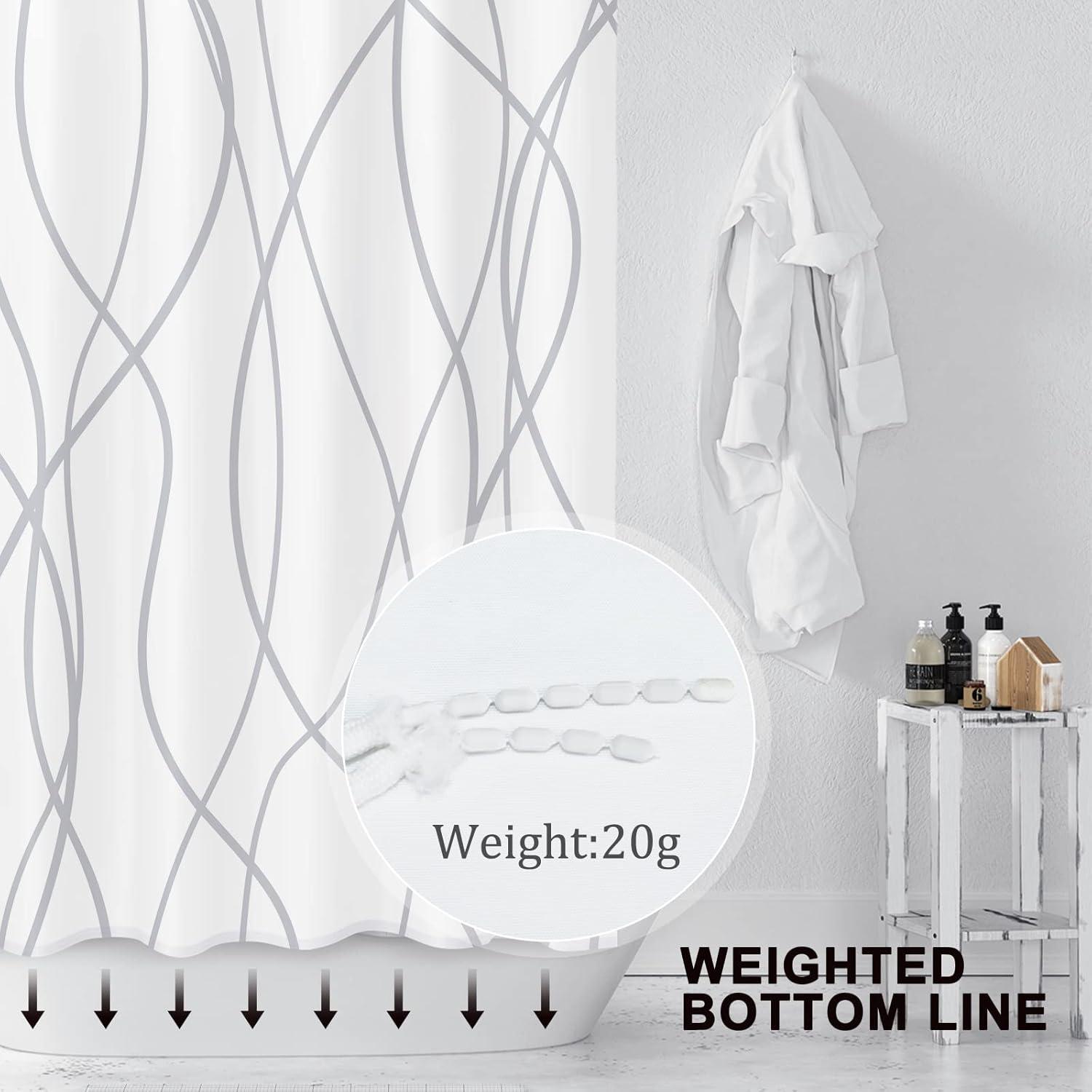 72-Inch White and Gray Striped Polyester Shower Curtain with Hooks