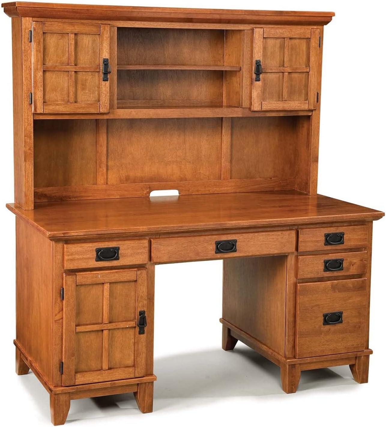 Arts and Crafts Pedestal Desk and Hutch Cottage Oak Finish by Homestyles