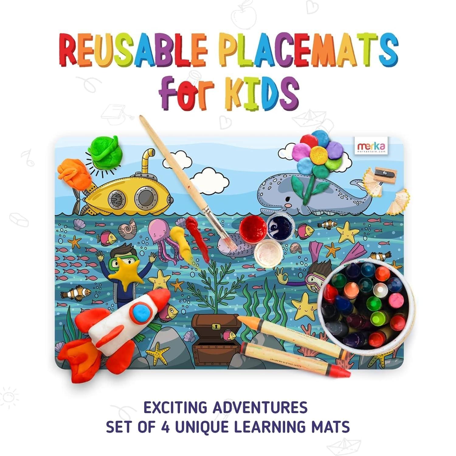 merka Kids Wipeable Plastic Placemats for Dining Table - Ocean, Space, Jungle, Unicorns for Ages 2 and Up, Set of 4