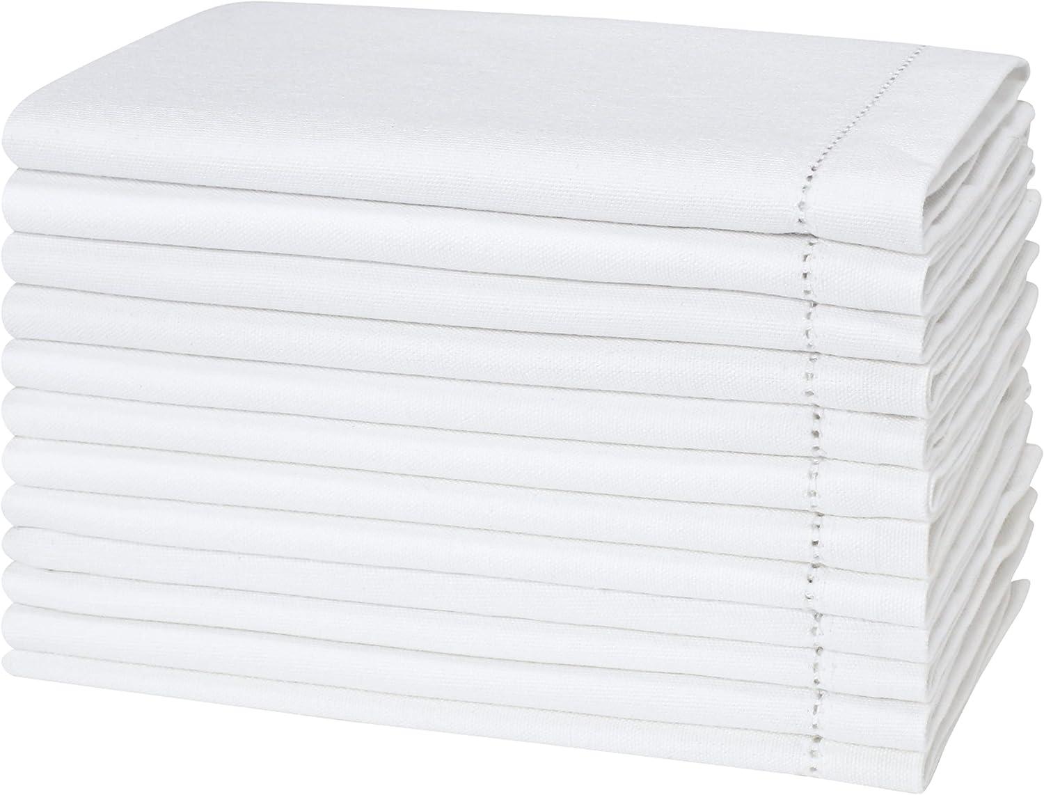 Elegant White Cotton Hemstitched Dinner Napkins Set of 12