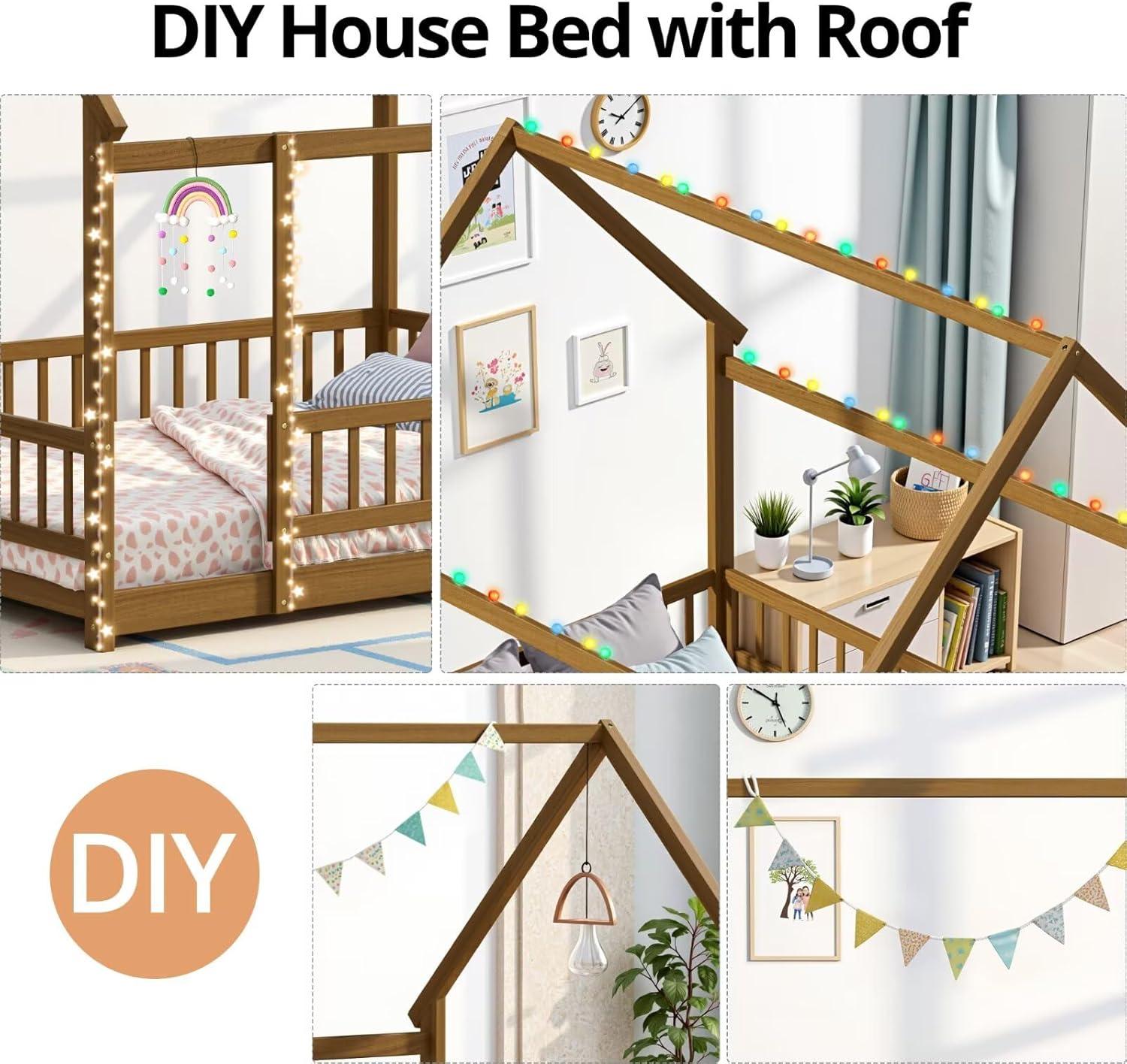 Twin Floor Bed for Kids, Wooden House Bed Frame with Roof, Fence Guardrails, Montessori Bed for Toddlers Girls Boys, Gray