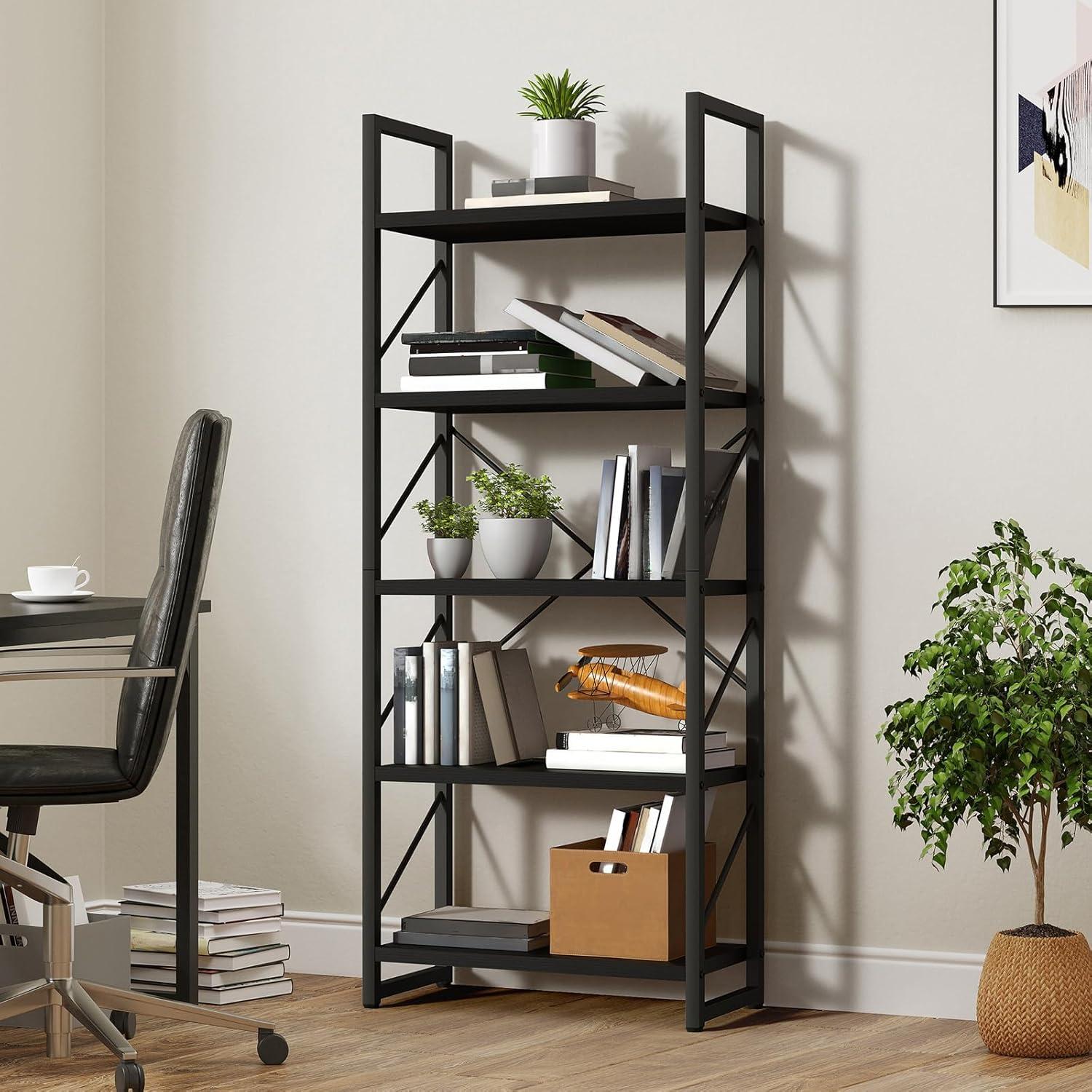 WedealFu Inc Roul Wood 5 Tiers Bookshelf Modern Bookcase Storage Rack Shelves Black