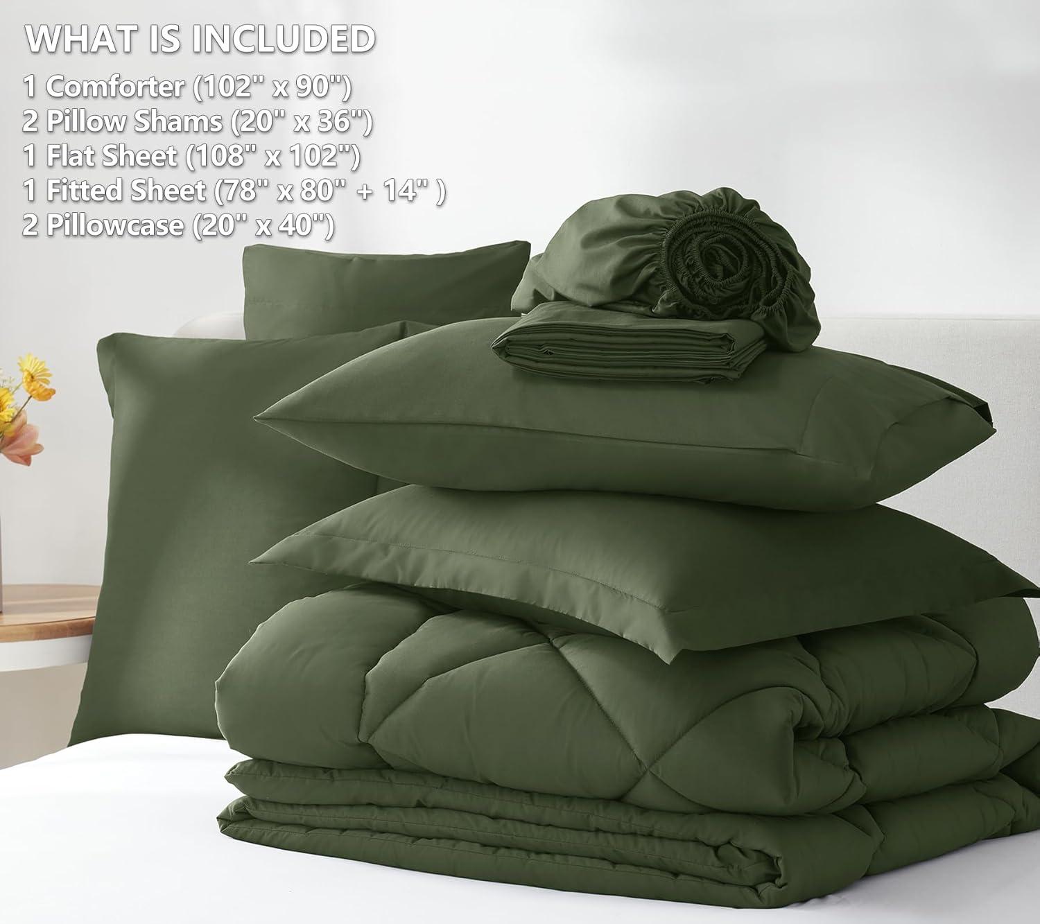 Cozy Comfort Sage Green King Size Comforter Set - 7 Pieces Solid King Bed in a Bag, King Bed Set Sage Green with Quilted Warm Fluffy Comforters, Sheets, Pillowcases & Shams