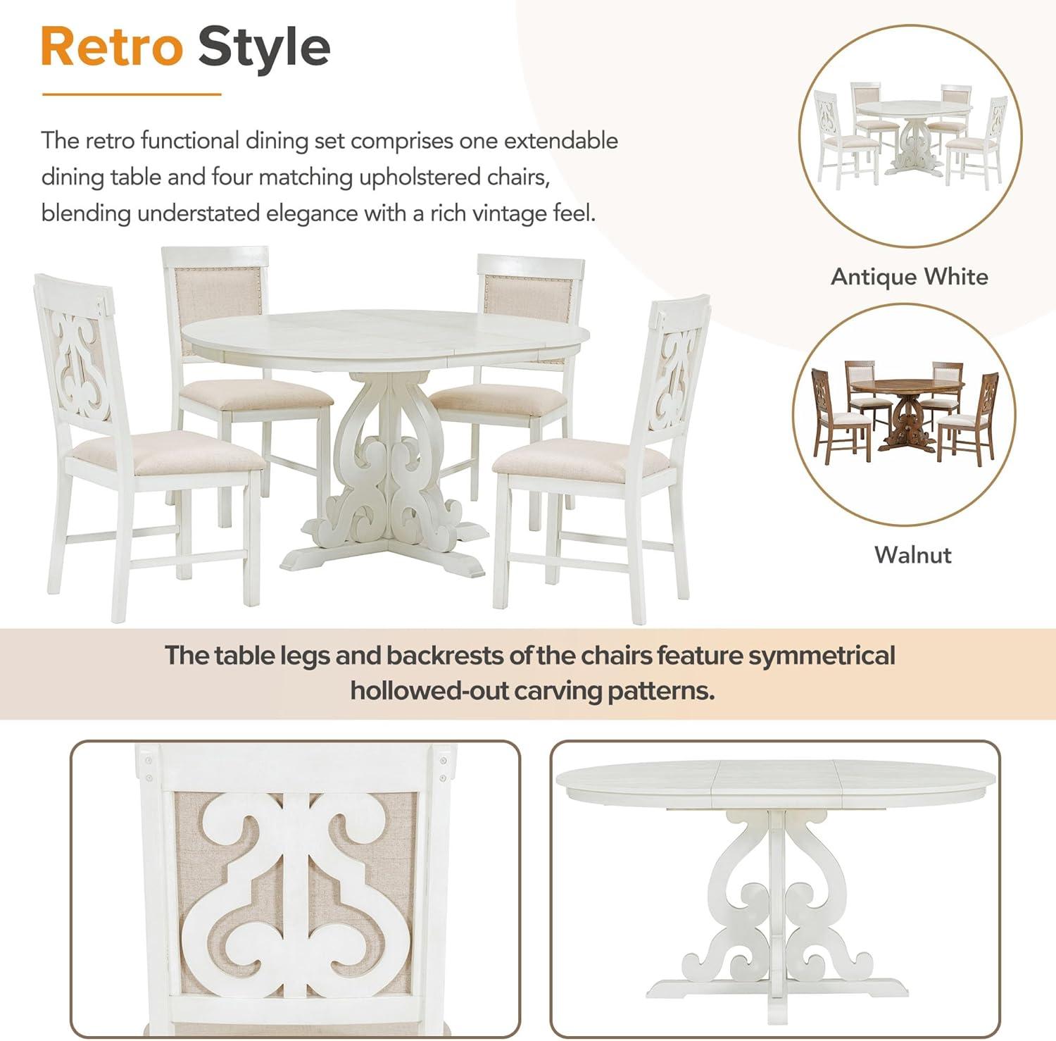 5 Piece Dining Table Set, Retro Functional Dining Set with 1 Extendable Table with a 16-inch Leaf and 4 Upholstered Chairs for Dining Room and Kitchen (Antique White)