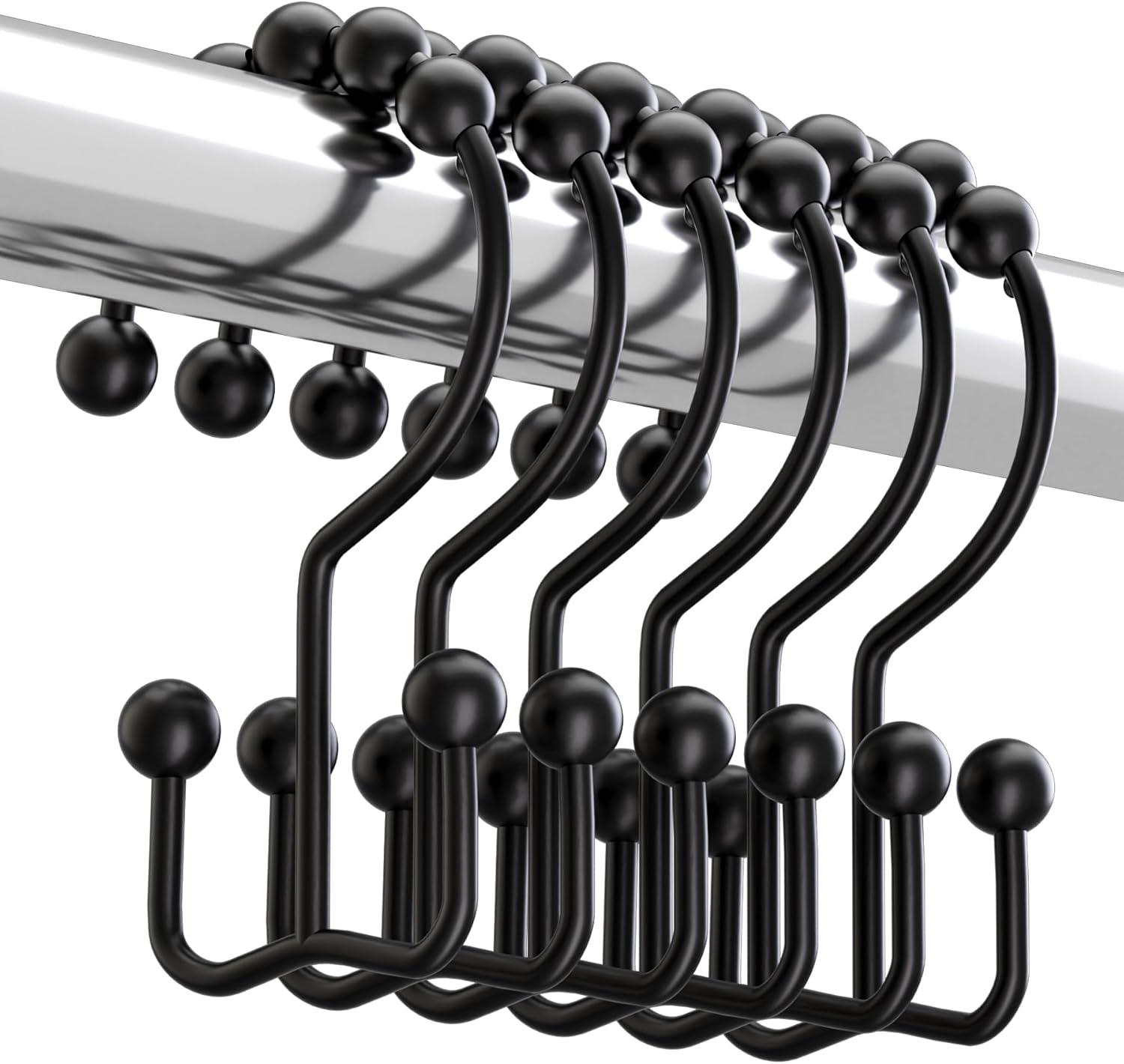 AmazerBath Black Shower Curtain Hooks Rings, Rust-Resistant Metal Double Glide Shower Hooks for Bathroom Shower Rods Curtains, Set of 12 Hooks - Matte Black