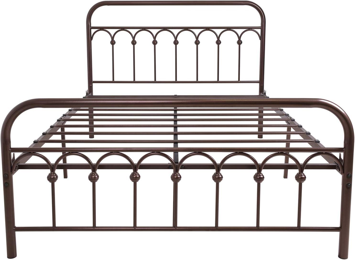 Antique Brown Full Size Metal Bed Frame with Headboard and Storage