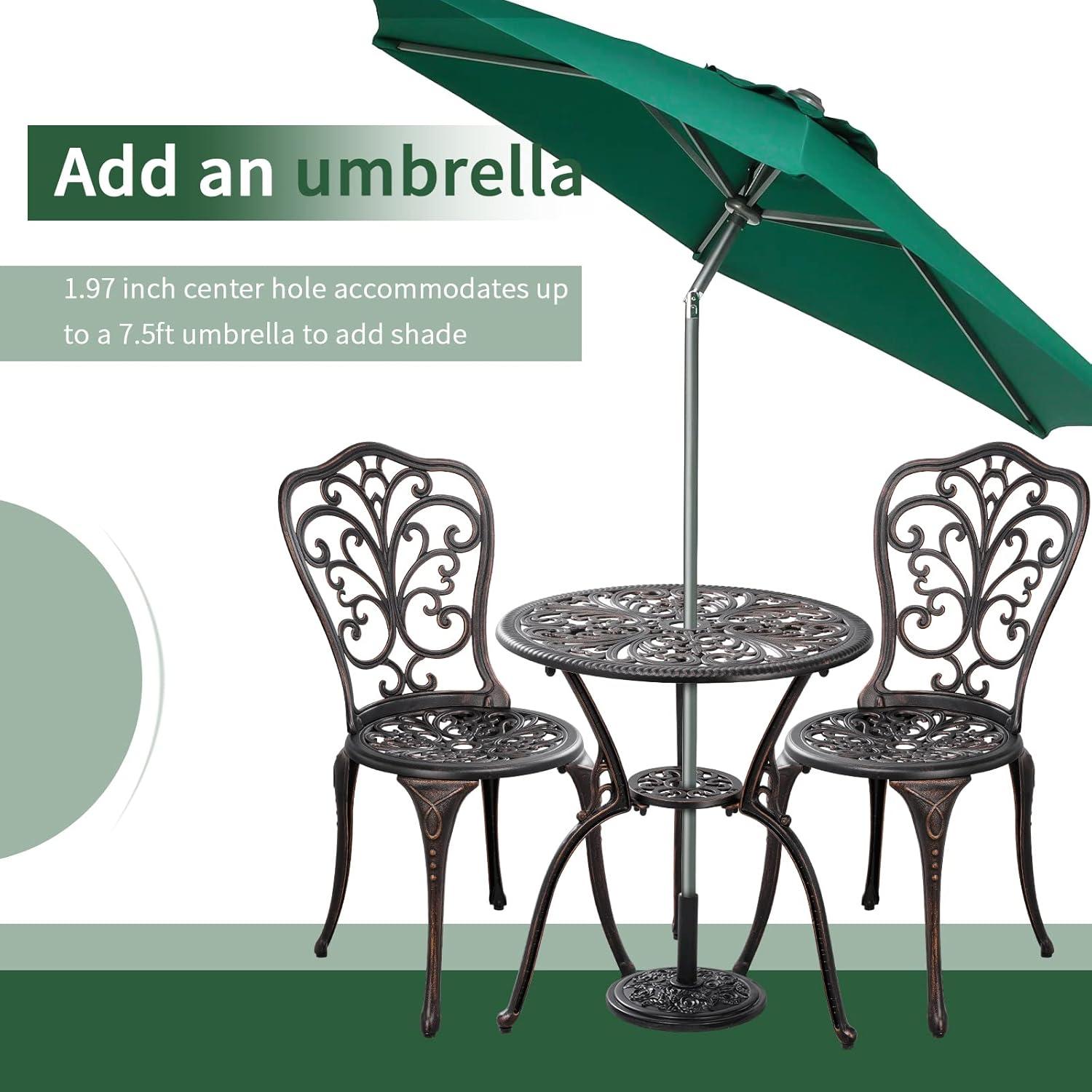 PATIO-IN 3 Piece Bistro Set Cast Aluminum Bistro Table and Chairs Set of 2 with Umbrella Hole,Patio Furniture Sets for Front Porch,Garden