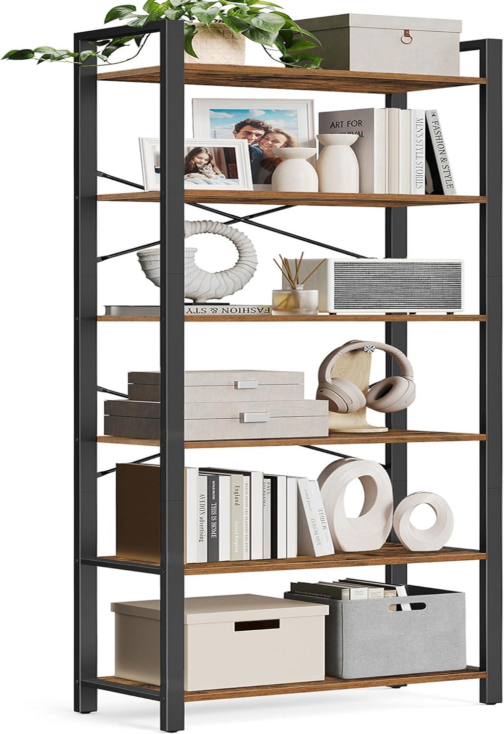 6-Tier Tall Bookshelf Large Bookcase with Steel Frame Deep Book Shelf for Living Room Home Office Study Rustic Brown and Black