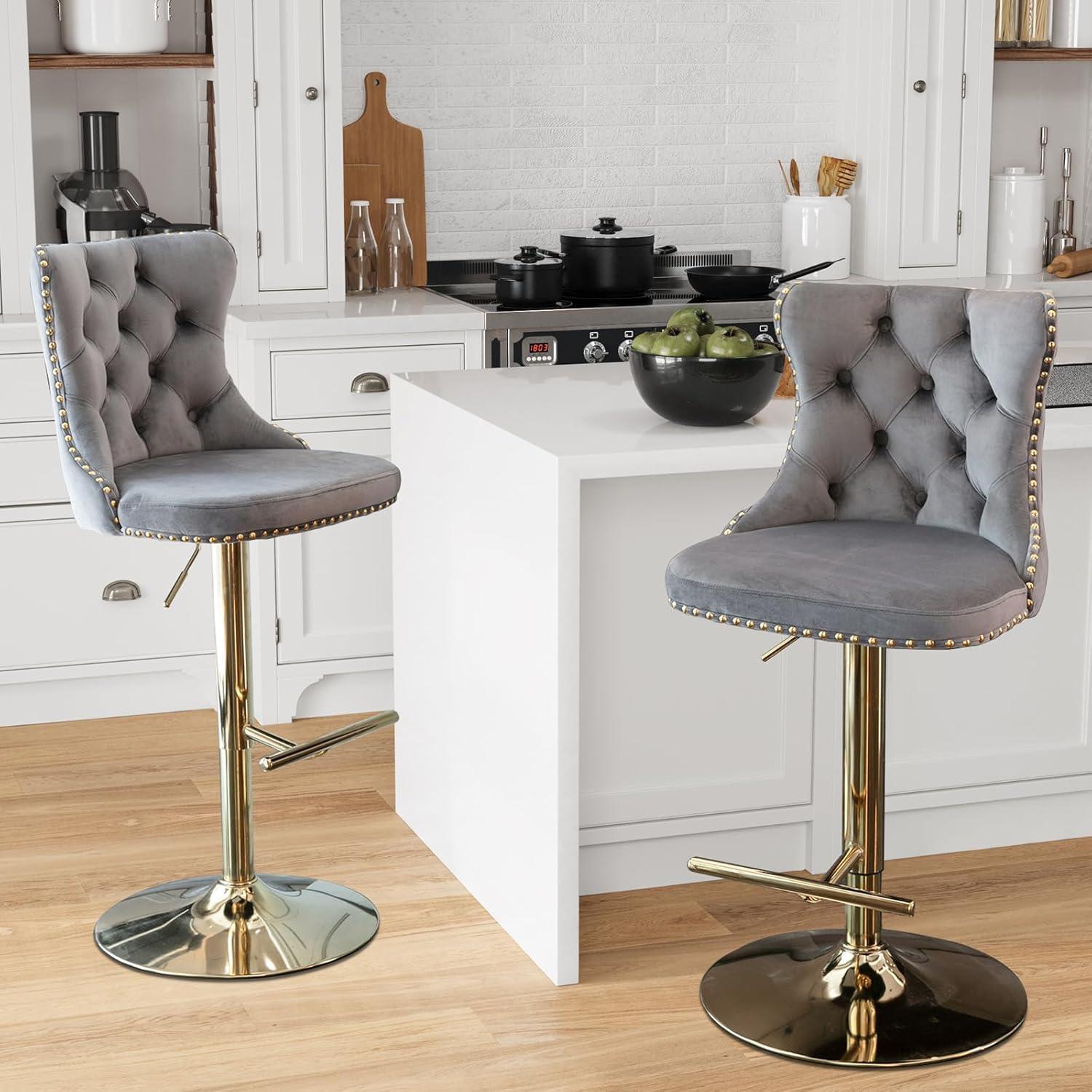 Grey Velvet Swivel Bar Stools Set of 2 with Upholstered Back, Adjustable Counter Height Barstools, Bar Chairs for Home Bar Kitchen Island Pub Restaurant (2 Pcs, Gray)