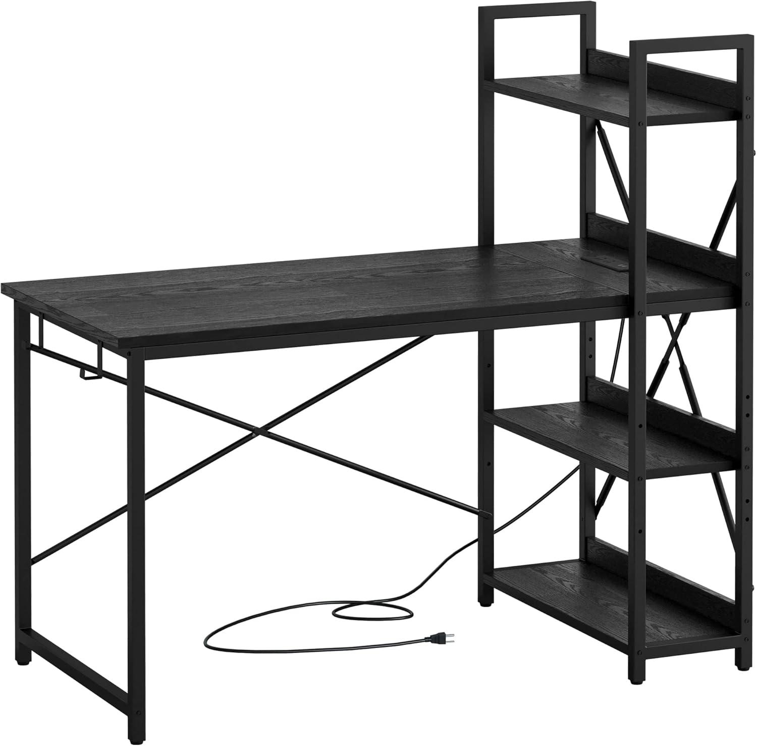 IRONCK Computer Desk 47" with Power Outlet and Storage Shelves, Study Writing Table with USB Ports Charging Station, PC Desk Workstation for Home Office, Black