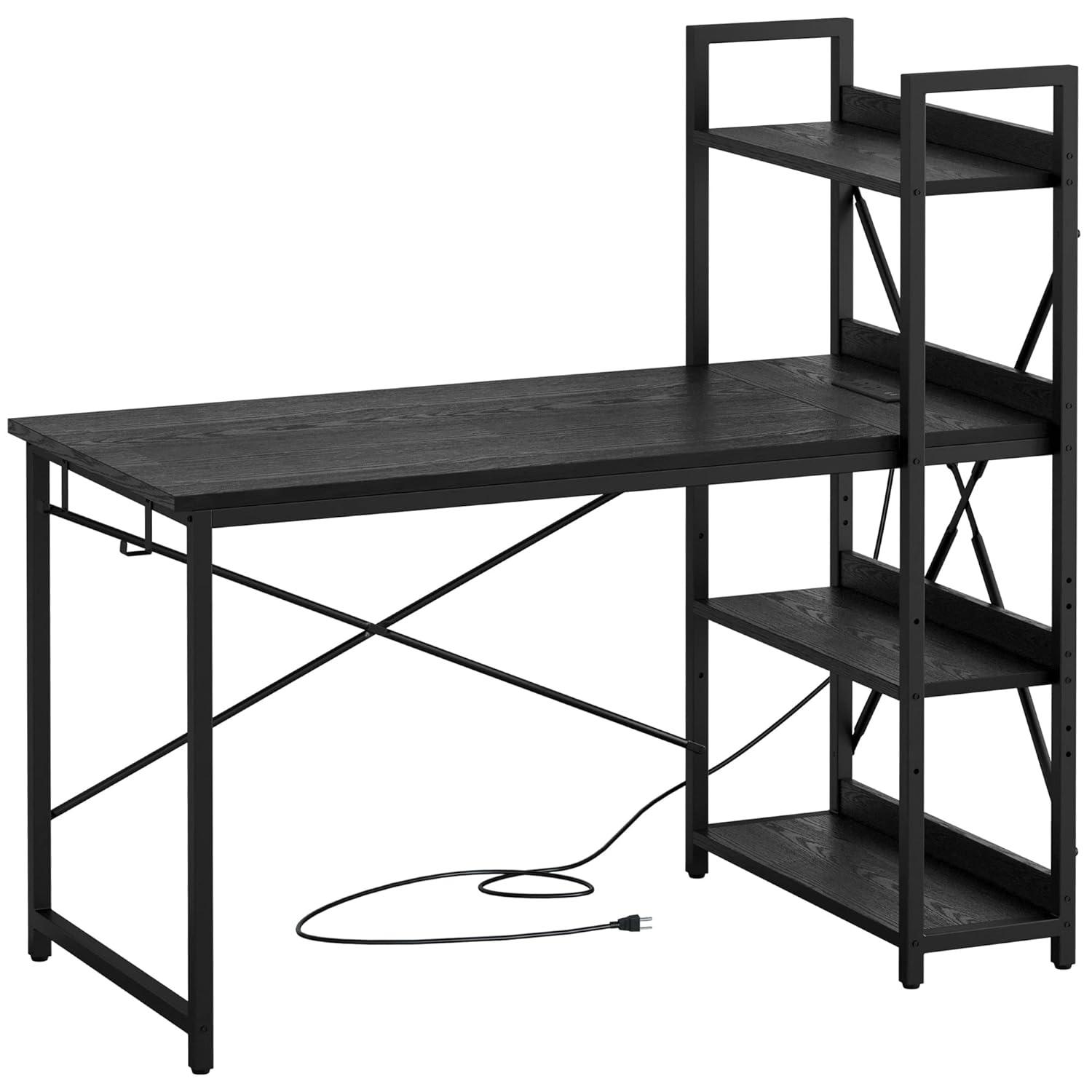 IRONCK Computer Desk 47" with Power Outlet and Storage Shelves, Study Writing Table with USB Ports Charging Station, PC Desk Workstation for Home Office, Black