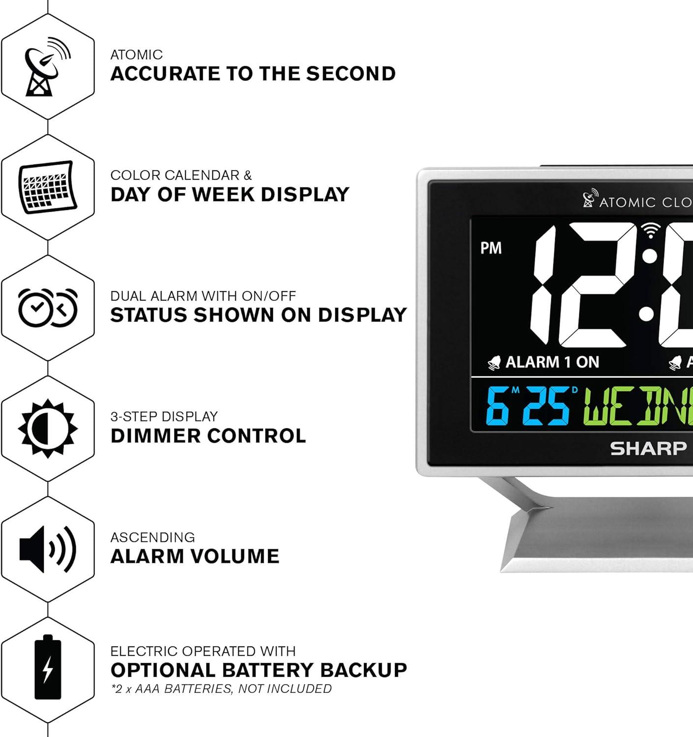 Sharp Digital Atomic Alarm Clock Color Display Atomic Accuracy Day of Week Time/Date Silver