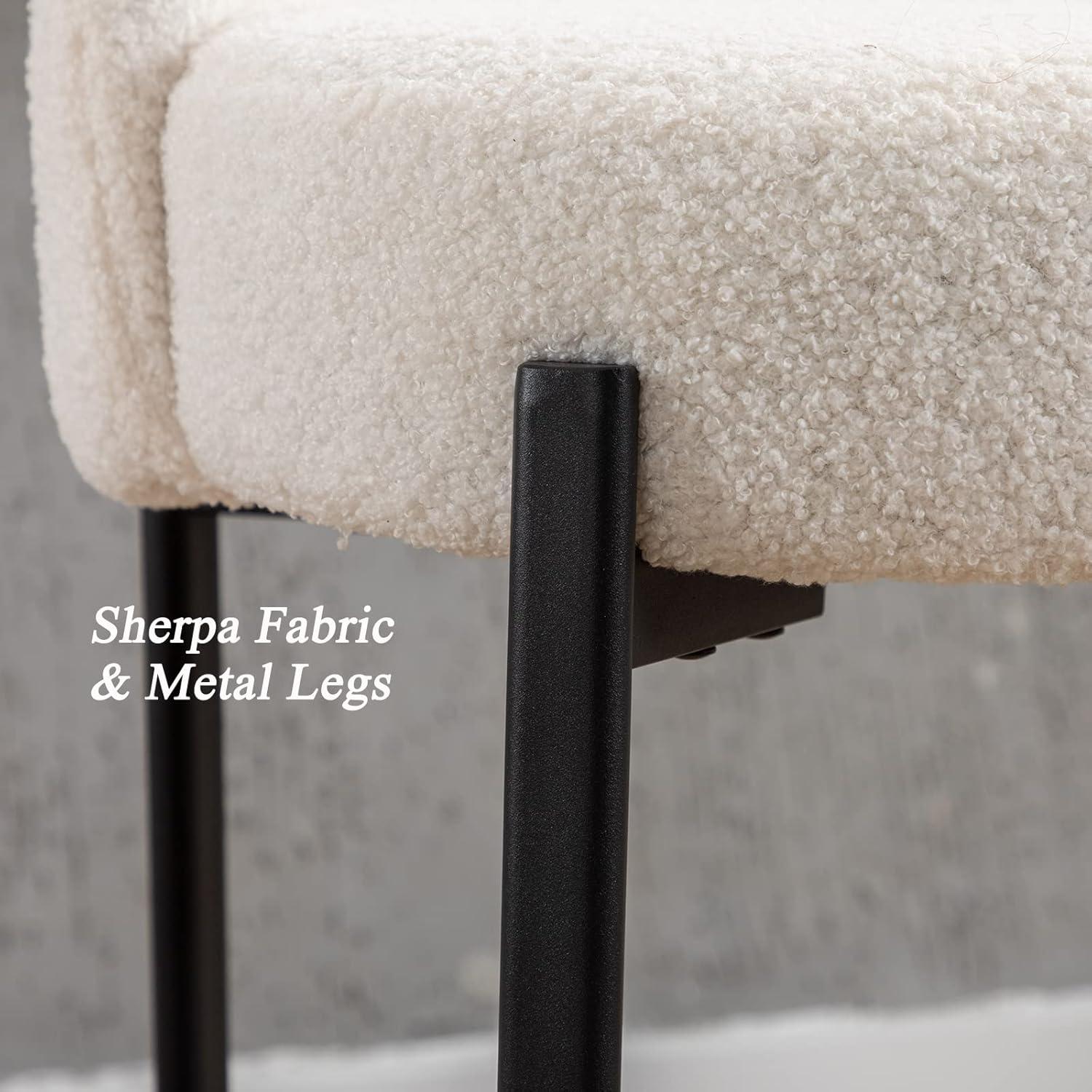 Modern Bar stools Set of 2, 26 Inch Sherpa Fabric Counter Height Barstools with Low Back, Upholstered Round Shape Kitchen Island Stools with Black Metal Legs for Dining Room Bar, White