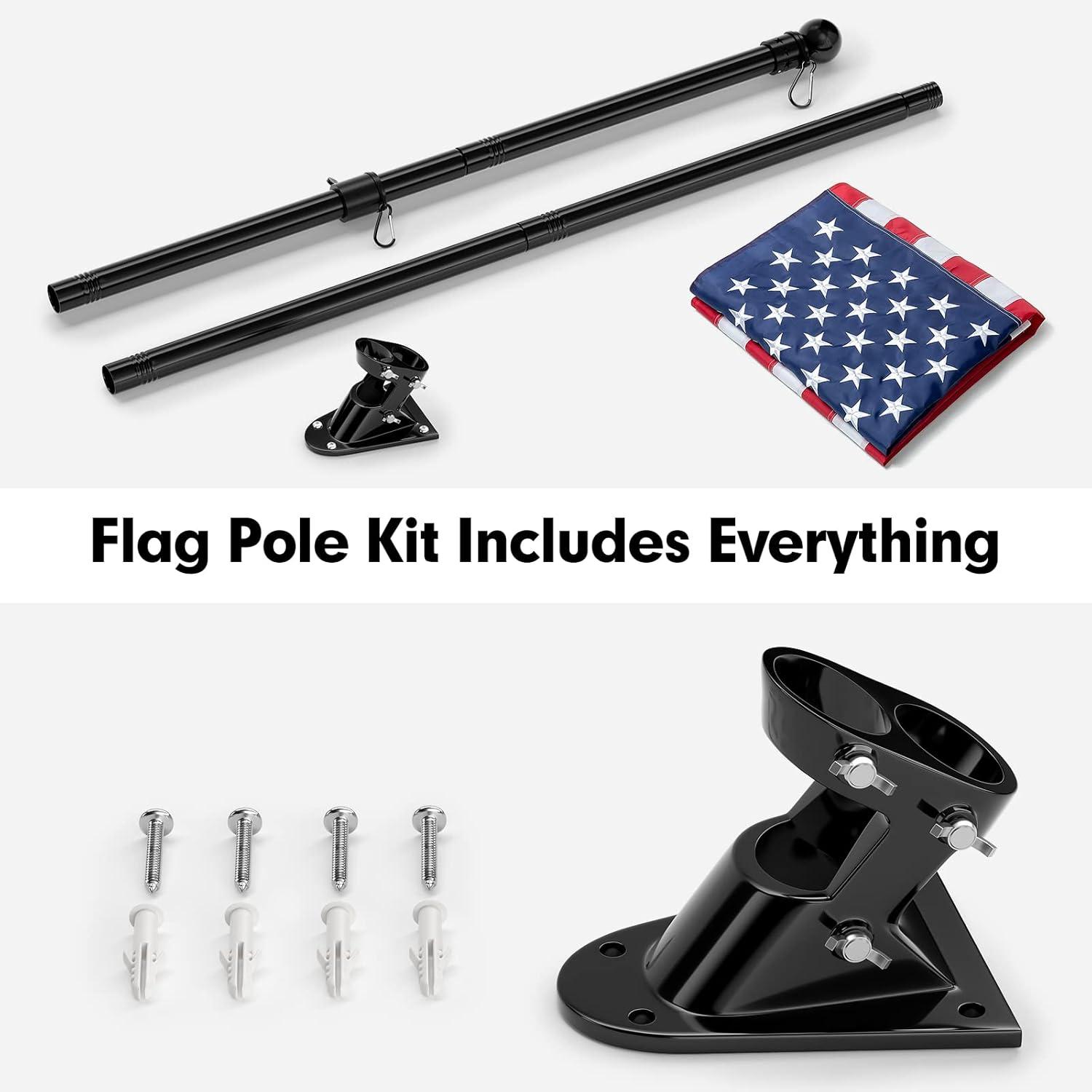 AEASKIEY 5FT Tangle Free Stainless Steel Metal Flag Pole (Black) with 3x5 Embroidered US Flag and Bracket.