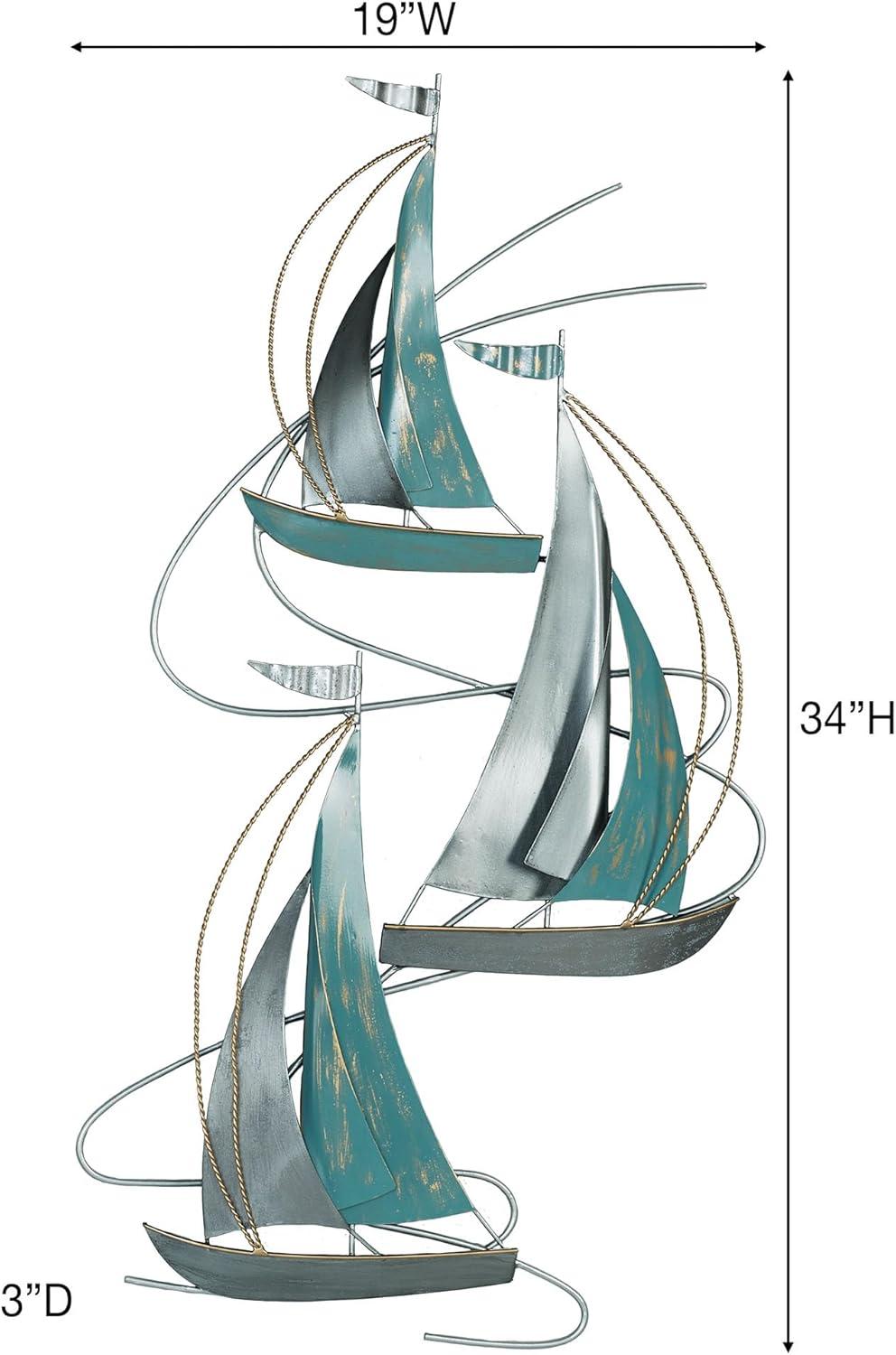 Aqua and Silver Metal Sailboat Wall Sculpture, 34" Tall