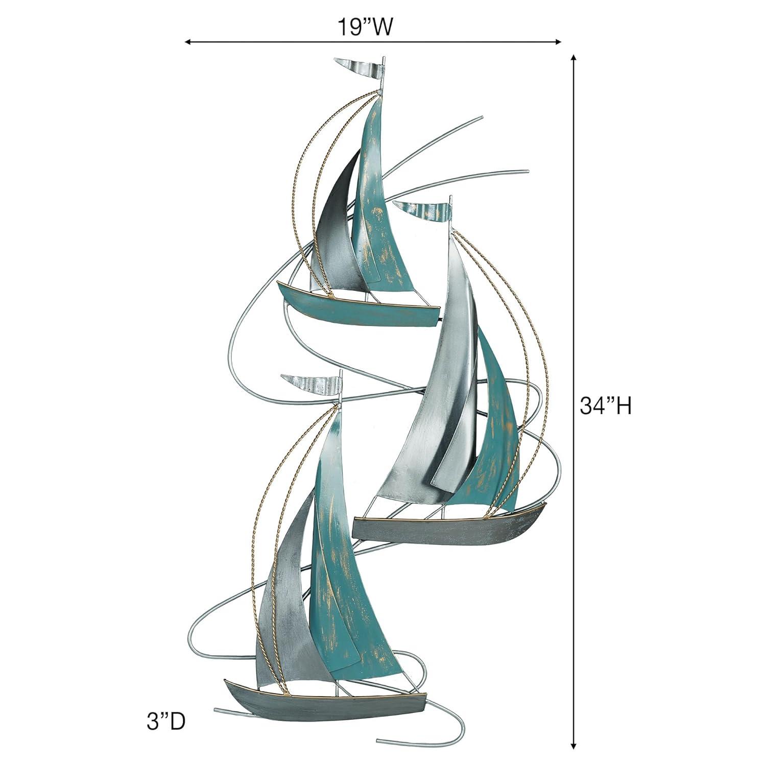 Aqua and Silver Metal Sailboat Wall Sculpture, 34" Tall