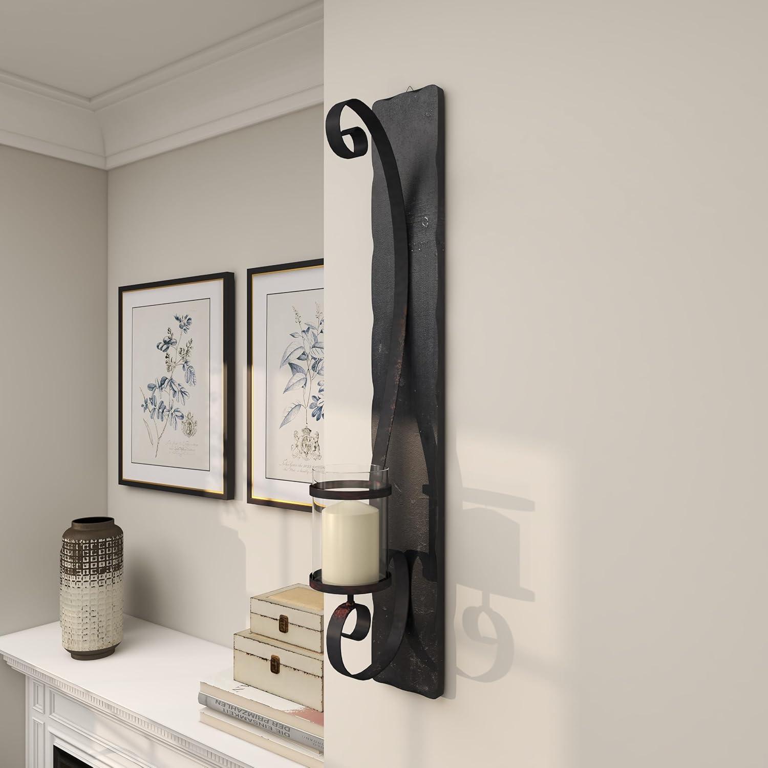 DecMode Black Metal Geometric Pillar Wall Sconce with Wood Back Mount