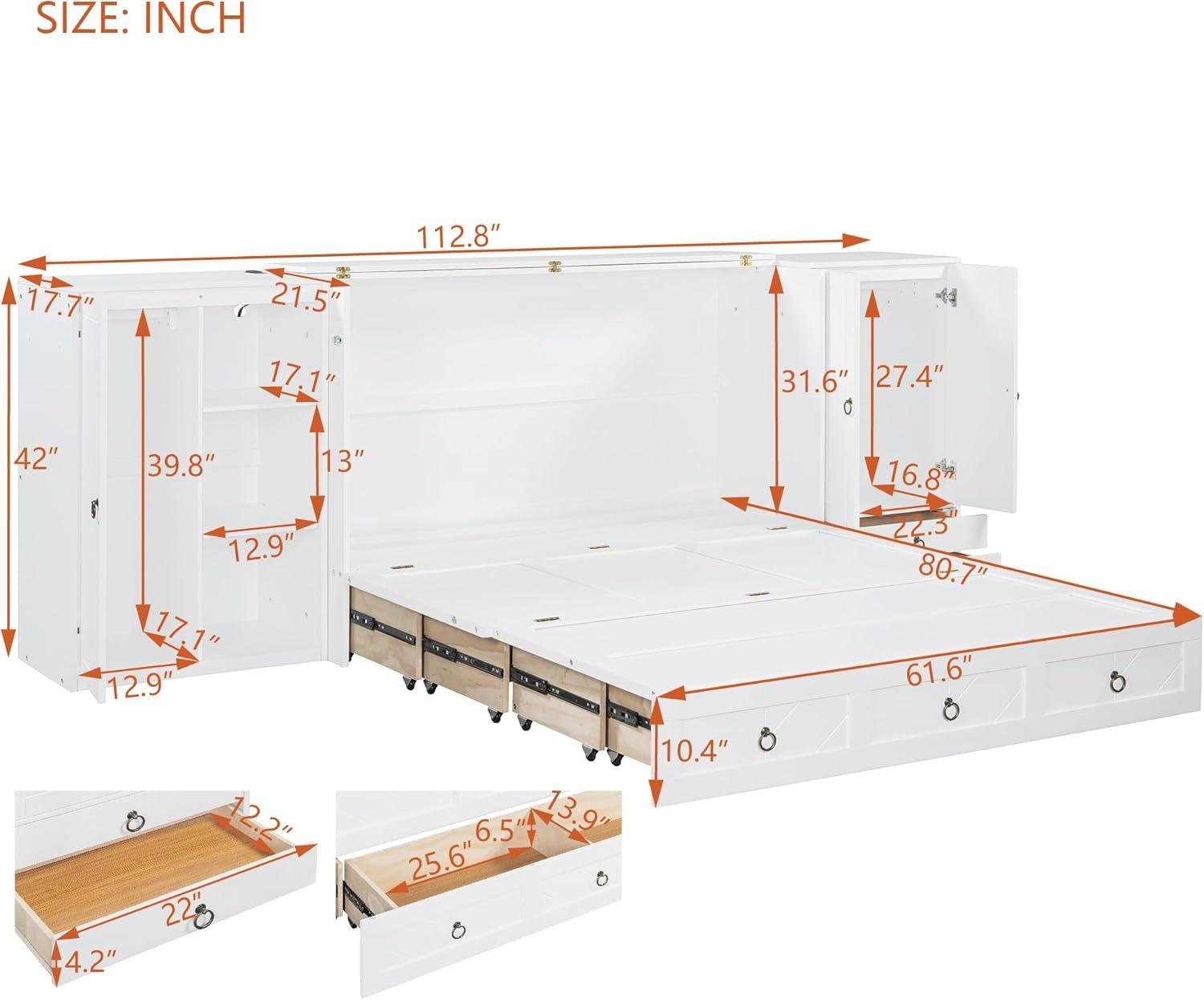 Queen Size Murphy Bed Wall Bed, Solid Pine Murphy Bed Chest Cube Cabinet Bed with USB, Charging Station, Bookshelves and Storage Wardrobes and Drawers for Home Office or Small Room-White