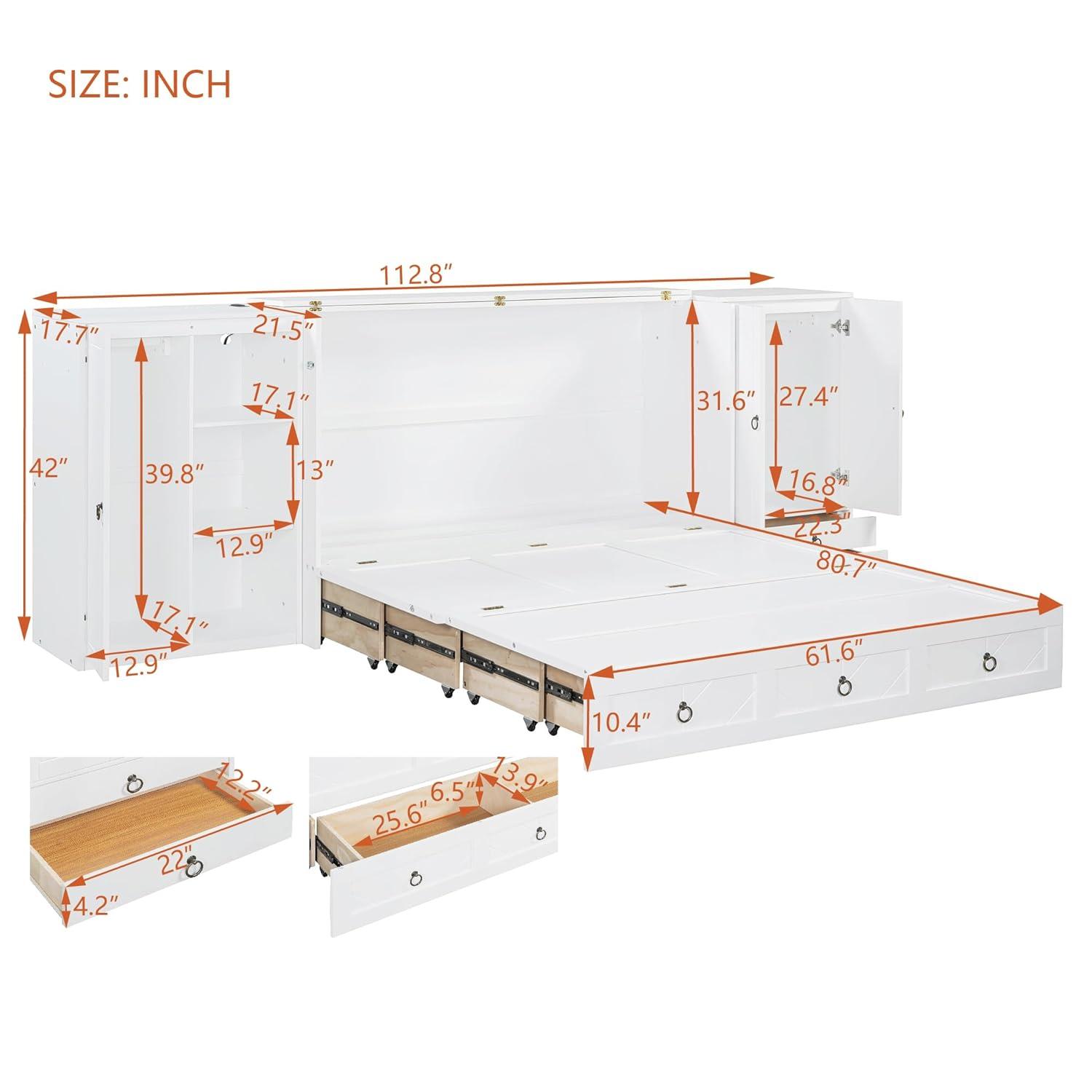 Queen Size Murphy Bed Wall Bed, Solid Pine Murphy Bed Chest Cube Cabinet Bed with USB, Charging Station, Bookshelves and Storage Wardrobes and Drawers for Home Office or Small Room-White