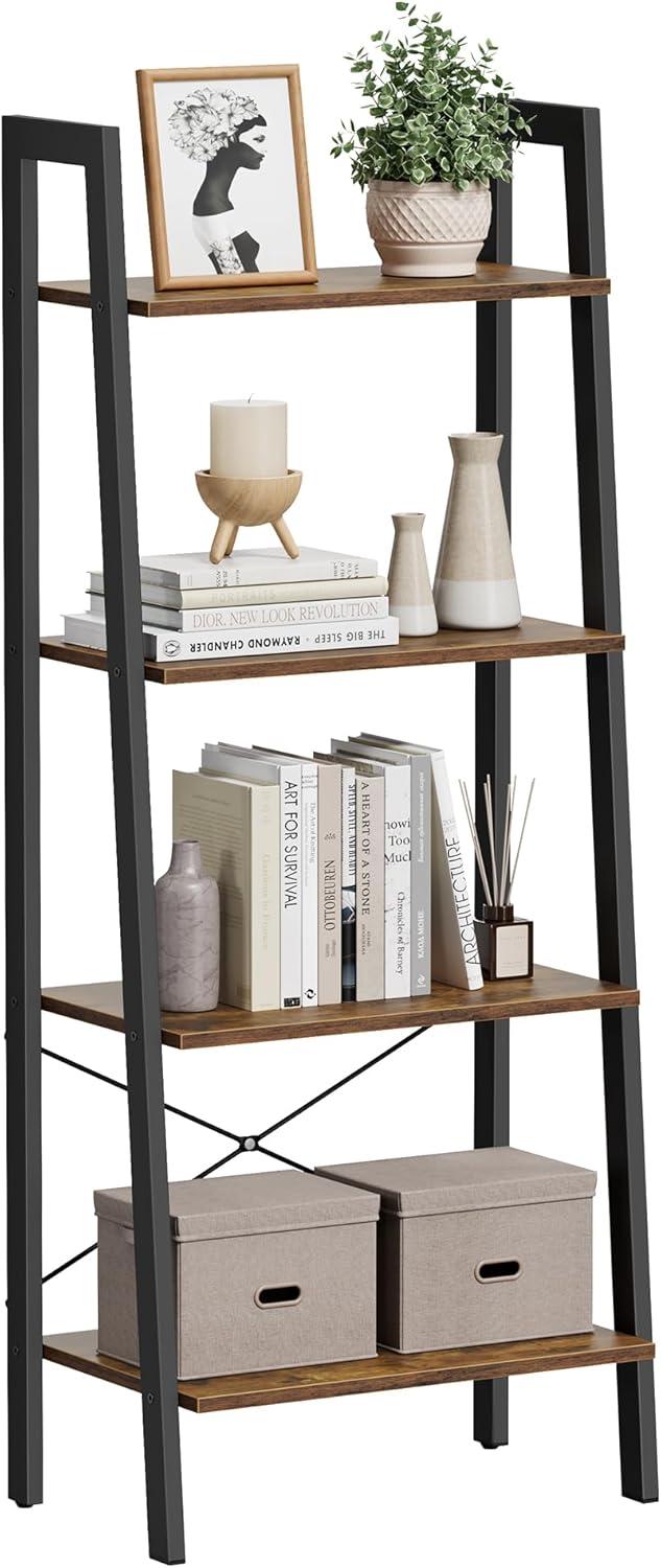 VASAGLE 4-Tier Ladder Shelf Wall Ladder Bookshelf Bookcase Furniture Storage Rack Shelves, Rustic Brown and Black