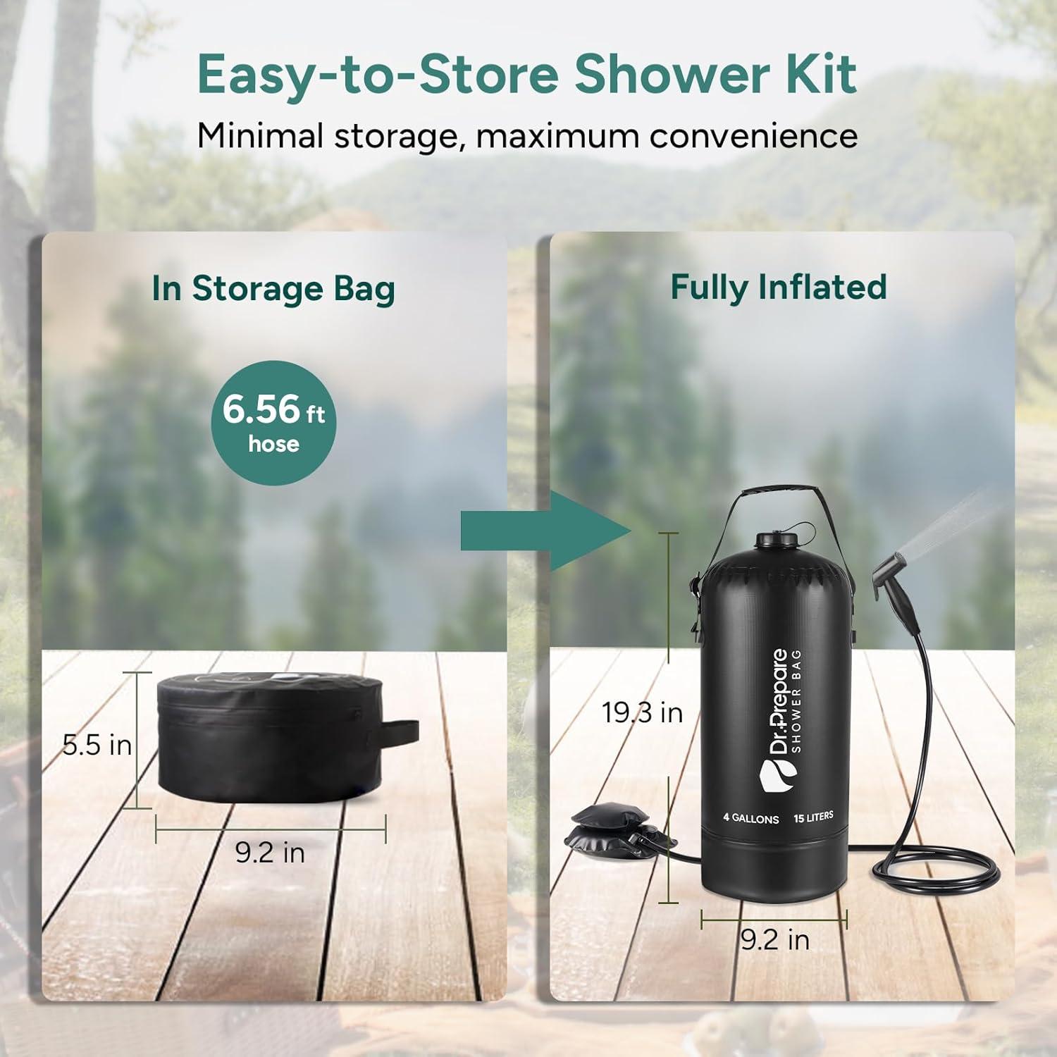 Black PVC Portable Camping Shower with Foot Pump, 5 Gallons