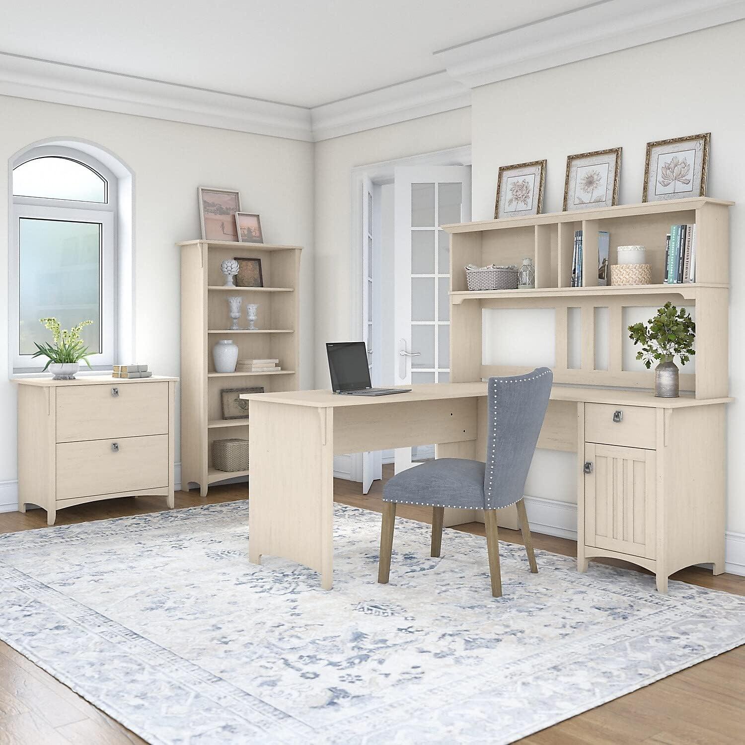 Antique White L-Shaped Desk with Hutch and Storage