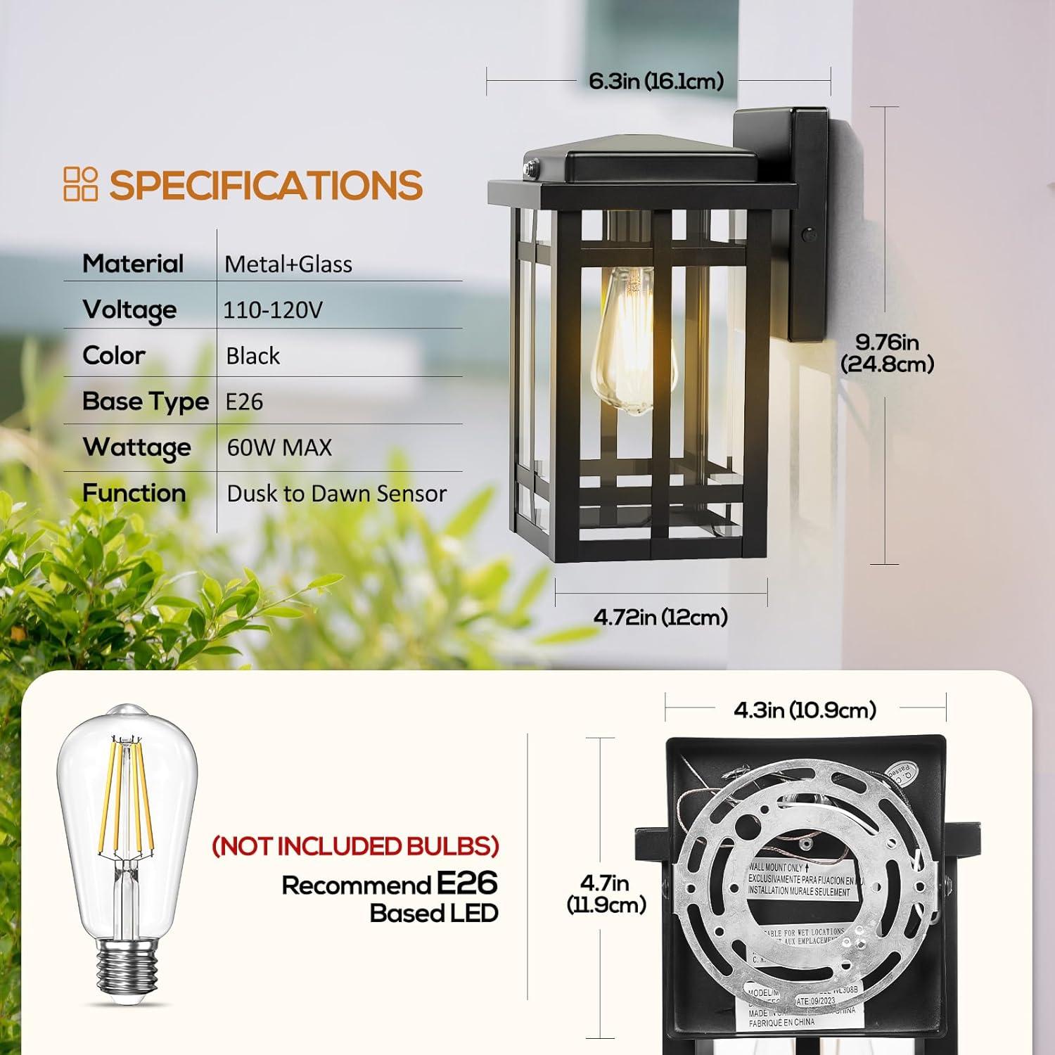 Black Modern Outdoor Wall Lanterns with Tempered Glass Shade, 9.76''