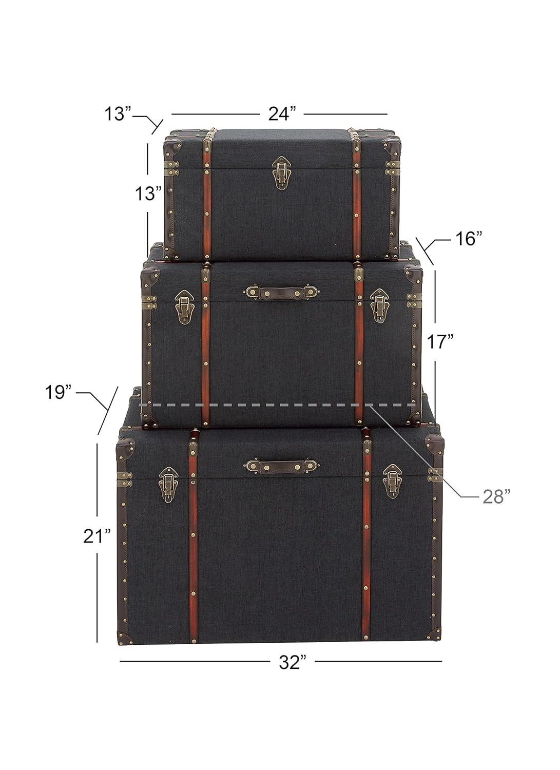 DecMode 24" x 13" Blue Linen Fabric Nesting Upholstered Trunk with Buckle Hinged Top, 3-Pieces