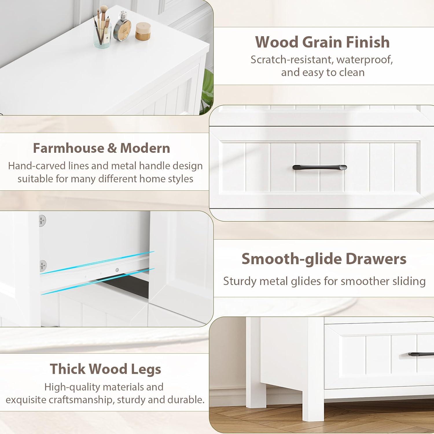 6 Drawer Dresser for Bedroom, Farmhouse Dresser with Deep Drawers, Large White Dresser Wooden Double Dresser Chest of Drawers for Living Room, Hallway, Entryway (White, 6 Drawer)