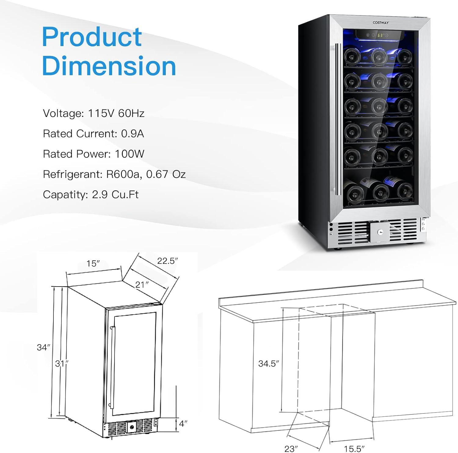 Costway 15'' Wine Beverage Cooler Refrigerator 30-Bottle Freestanding Built-in Fridge