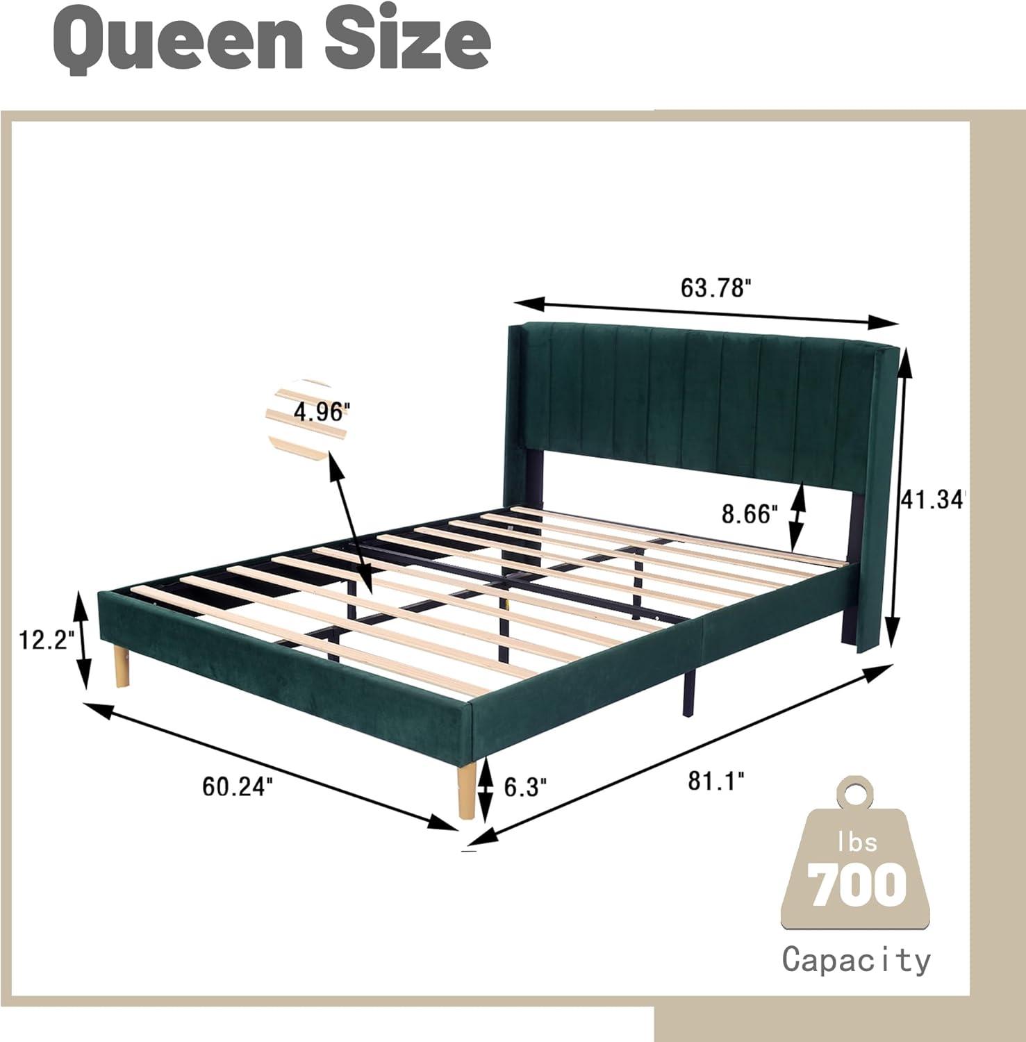 Green Velvet Queen Upholstered Platform Bed with Tufted Headboard