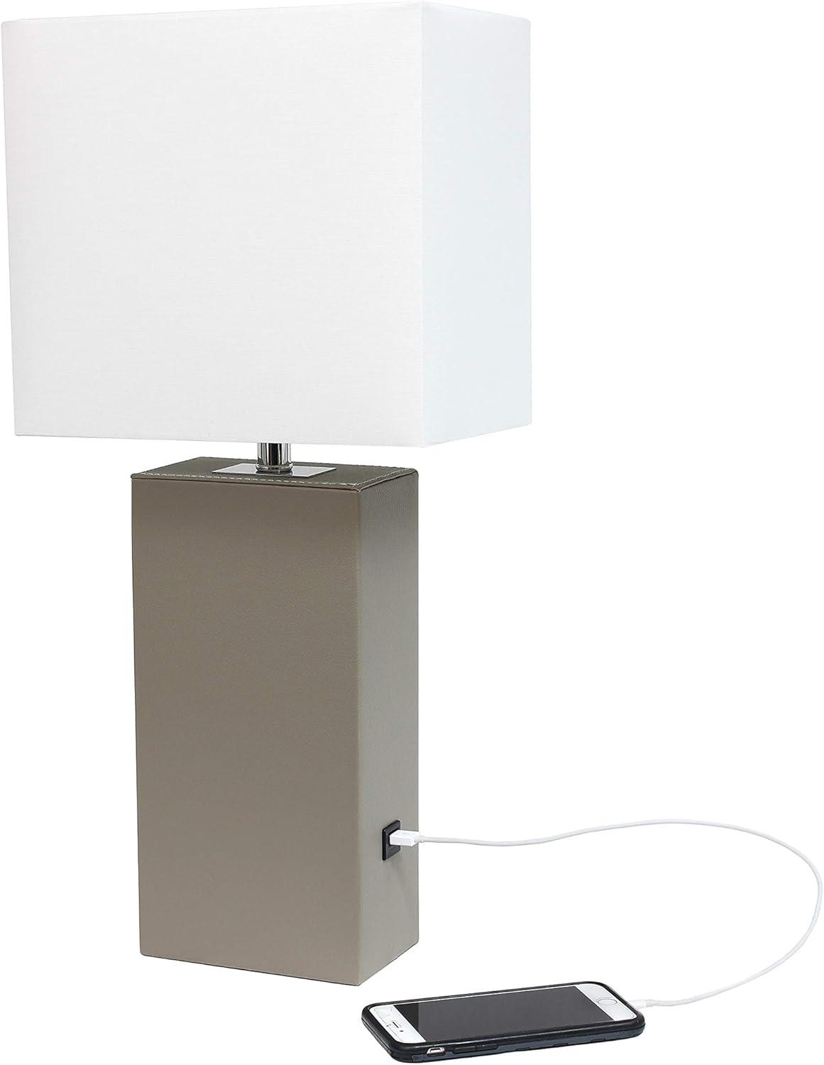 Modern Leather Table Lamp with USB and Fabric Shade Gray/White - Elegant Designs: Chic USB Charging Port, Linen Shade, No Assembly Required