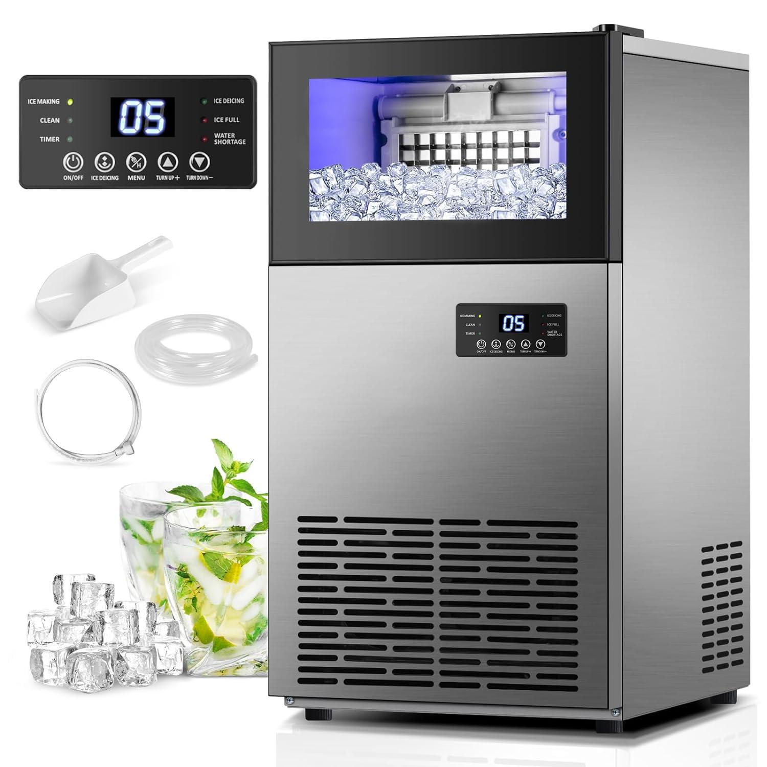Commercial Built-in or Freestanding Ice Maker 130Lbs/24H with 35Lbs Ice Capacity, 45Pcs Ice Cubes, Stainless Steel