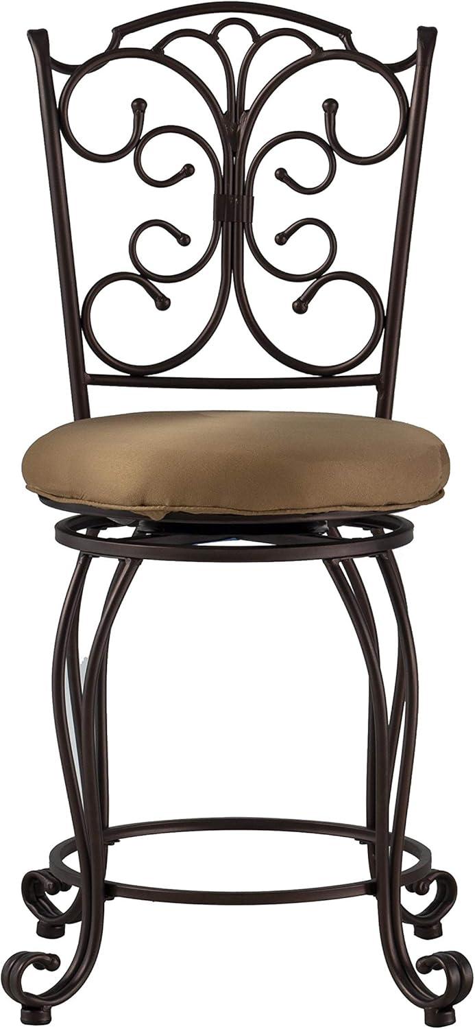 Linon Gathered Back Counter Stool, Brown, 24 inch Seat Height, Light Brown with Caramel Fabric
