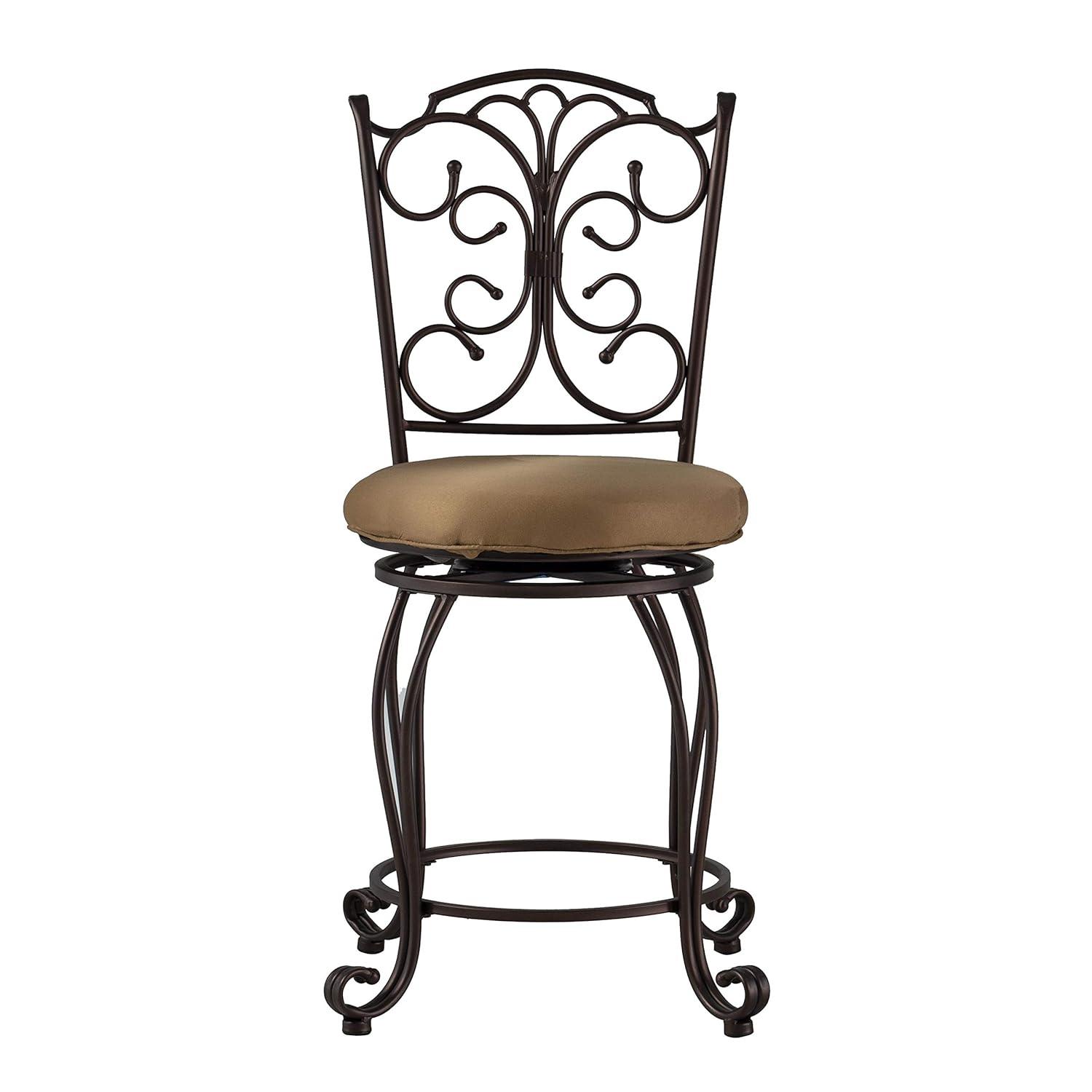 Linon Gathered Back Counter Stool, Brown, 24 inch Seat Height, Light Brown with Caramel Fabric