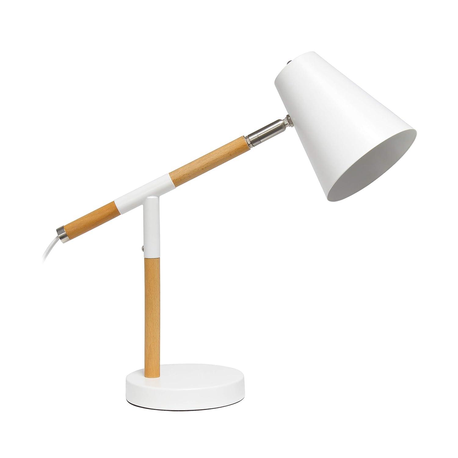 Simple Designs Wooden Pivot Desk Lamp White: ETL Listed, Adjustable Neck, Metal Shade, No Assembly Required