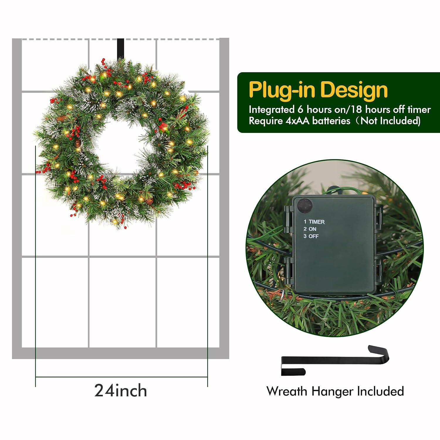 💐 Wreath door hanger 24" Pre-Lit Artificial Christmas Wreaths for Front Door Decorated with Pine Cones, Red Berries, Frosted Branches, 50 LED Lights for Indoor Outdoor Christmas Decorations