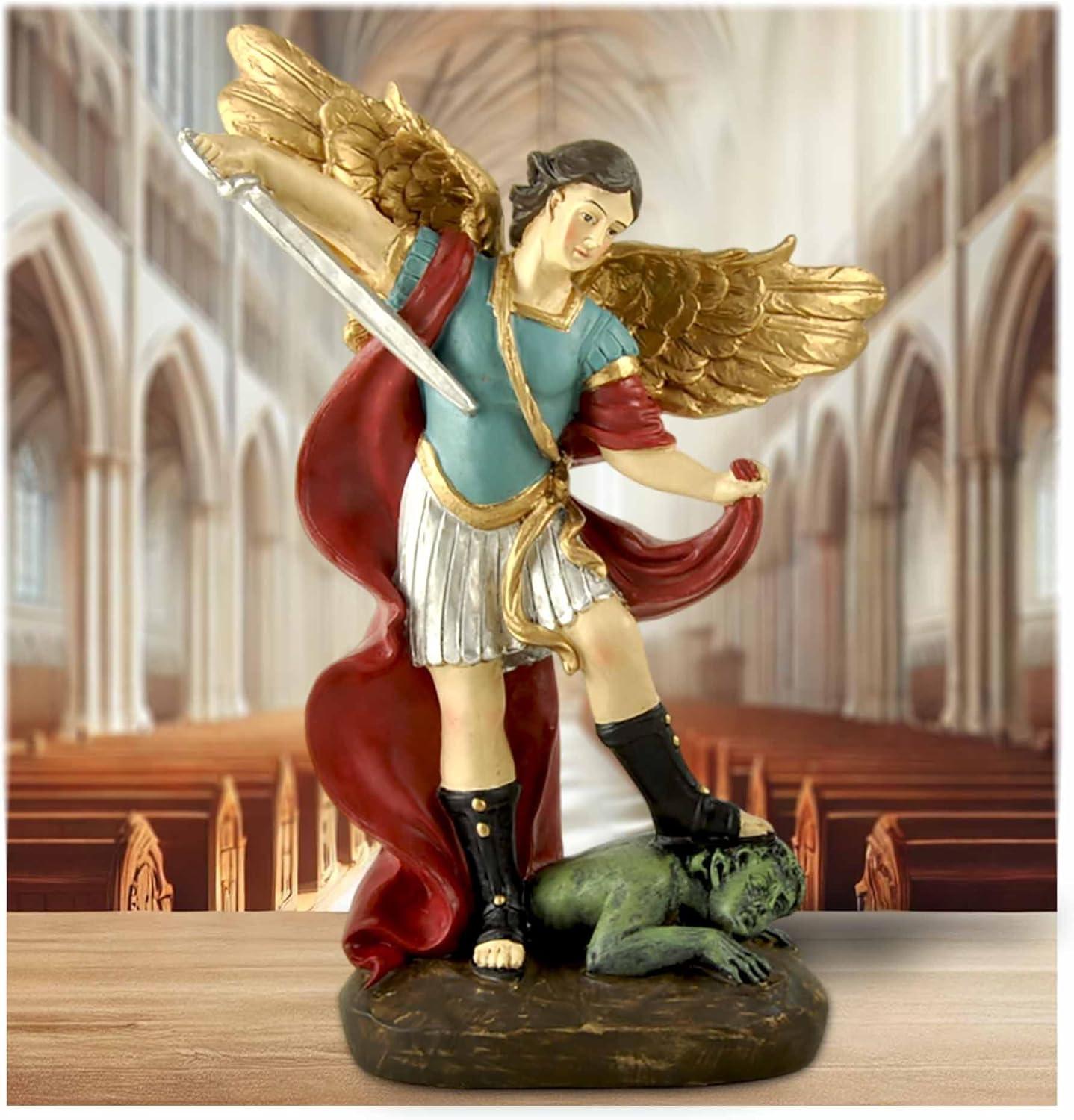 San Miguel Archangel Statue - Saint Michael Statue Miguel Archangel Statue Defeated Lucifer Tramples Demon Statue, Religious Collectible Angel Sculpture, 5.31 Inch