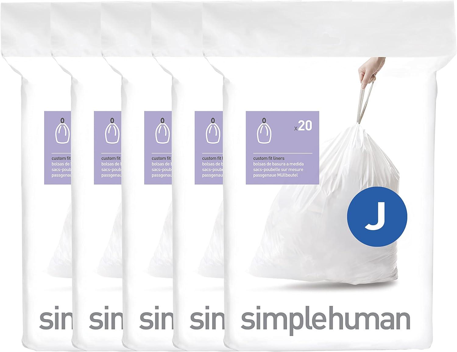 simplehuman simplehuman Code J Genuine Custom Fit Drawstring Trash Bags Dispenser Packs, 100 Count (Set of 5)