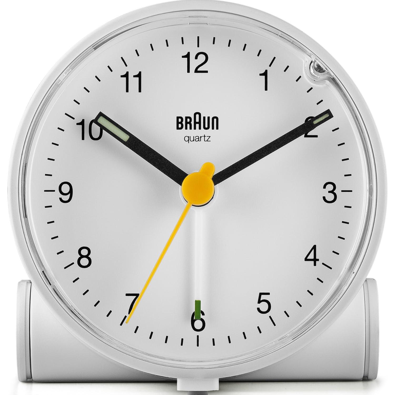Braun Classic Analogue Alarm Clock with Snooze and Light, Quiet Quartz Movement, Crescendo Beep Alarm in White, Model BC01W.