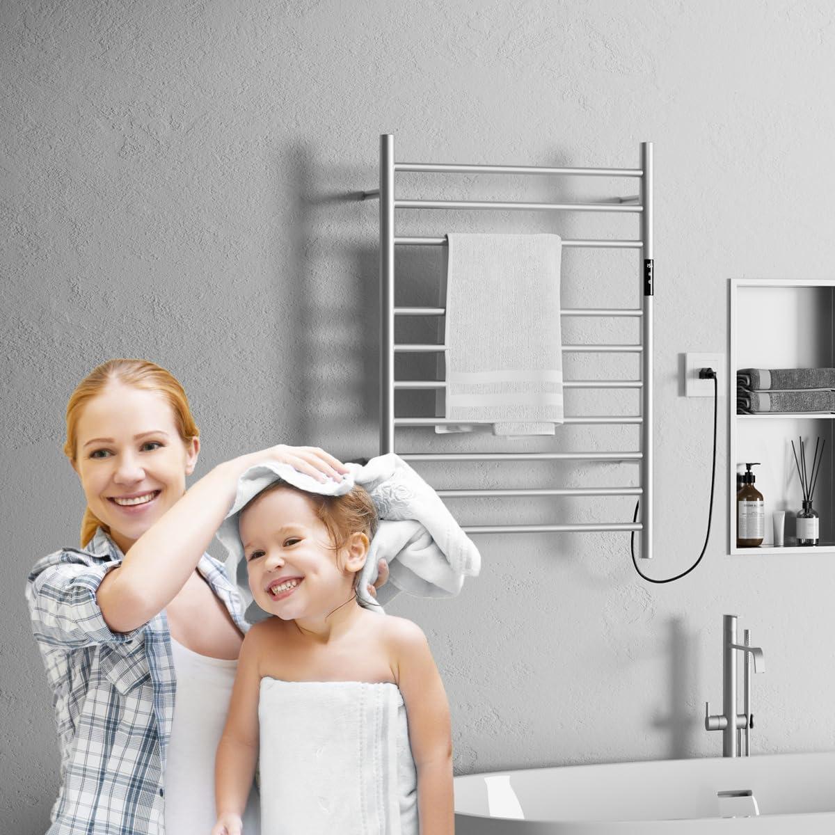 Topcobe 10 Bar Towel Warmer Wall Mounted Electric Heated Towel Rack with Built-in Timer, Bathroom Furniture, Electric Heated Towel Racks for Bathroom, Silver