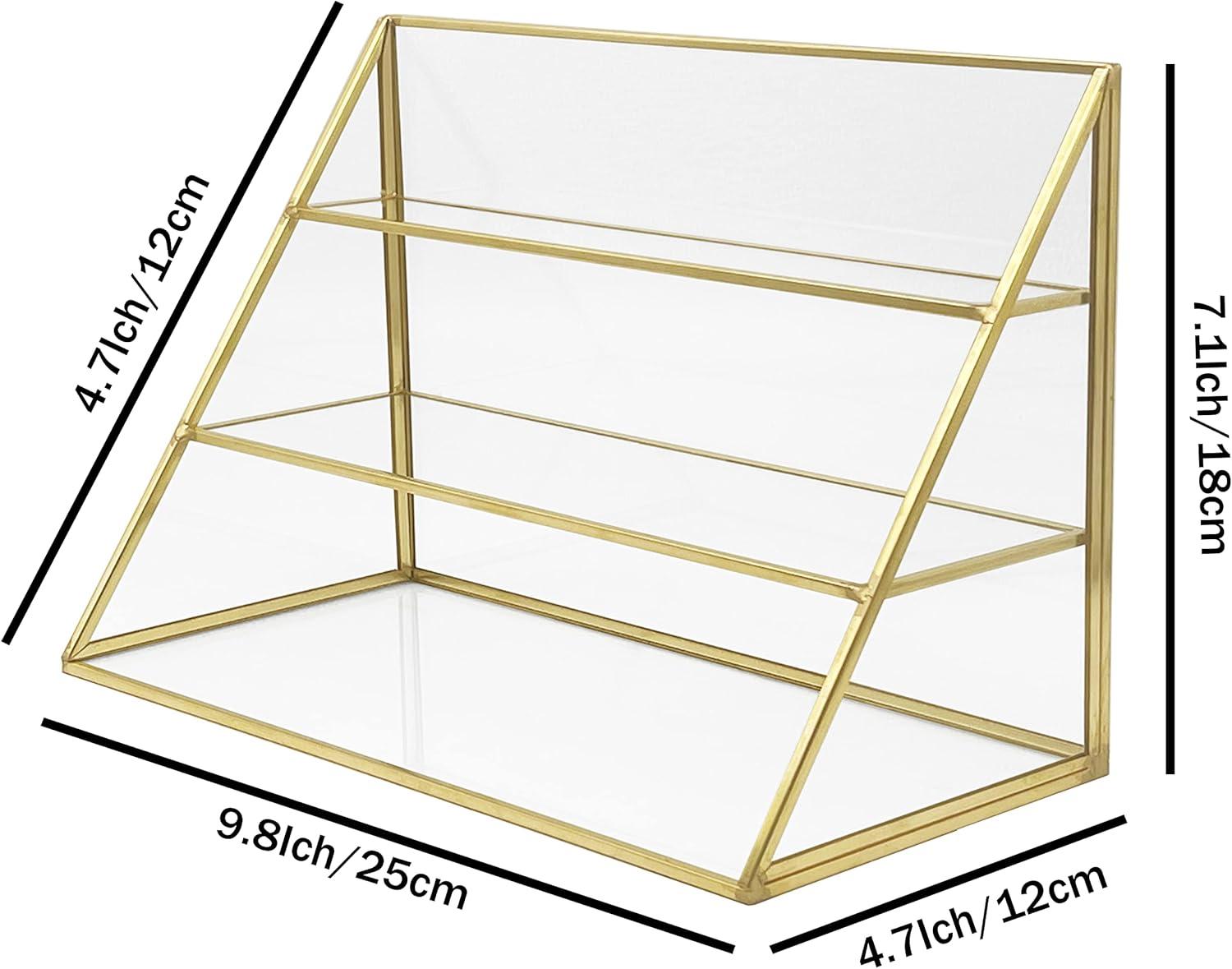 FSyueyun Gold Makeup Organizer Case Vanity, 3 Layers Glass Makeup Storage Cosmetics Organizer Earring Ring Holder Display Case