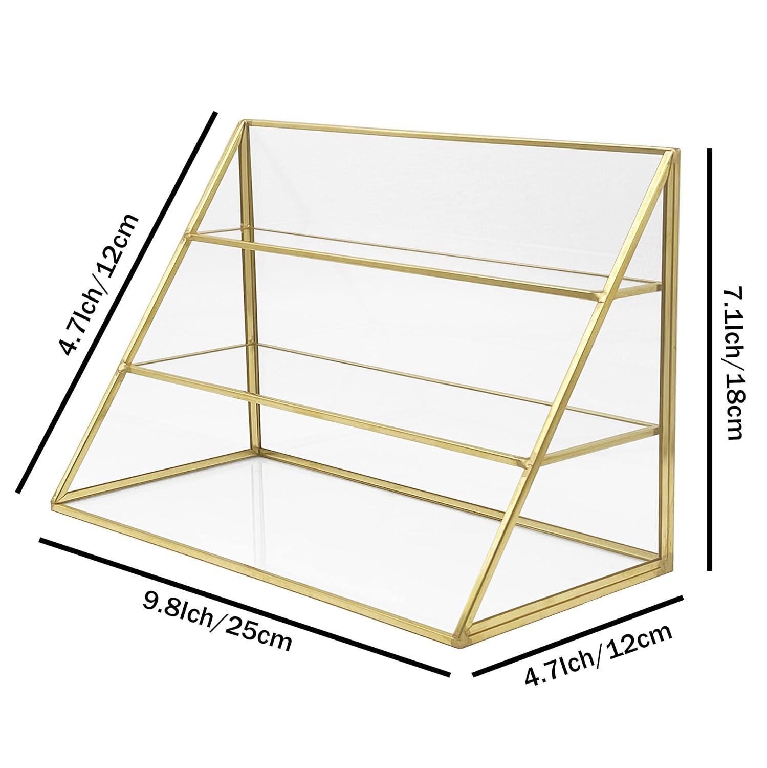 FSyueyun Gold Makeup Organizer Case Vanity, 3 Layers Glass Makeup Storage Cosmetics Organizer Earring Ring Holder Display Case