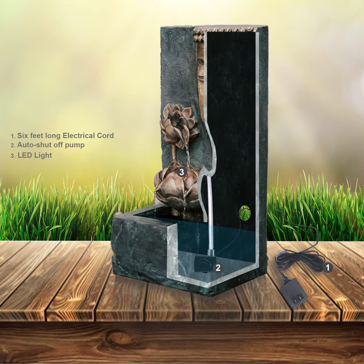 XBrand 30" H Zen Buddha Face Water Fountain w/ LED light & Pump, Indoor/Outdoor Freestanding, Relaxing Zen Décor, Bronze and Natural Grey Polyresin Fountain for Home Patio Garden Backyard