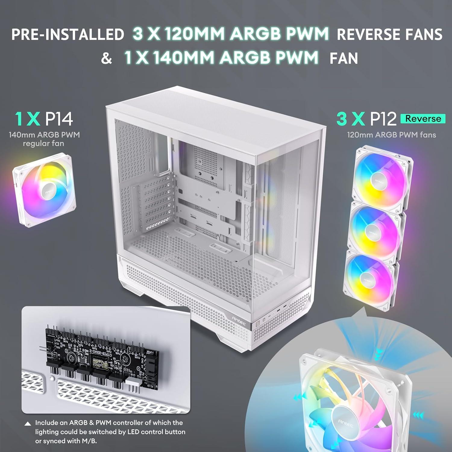 Antec C7 ARGB White, RTX 40 GPU Support, 4 x 120mm ARGB PWM Fans Included, Vertical GPU Cooling, Type-C 10Gbps, Seamless Tempered Glass Front & Side Panels, 360mm Radiator Support, Mid-Tower E-ATX PC