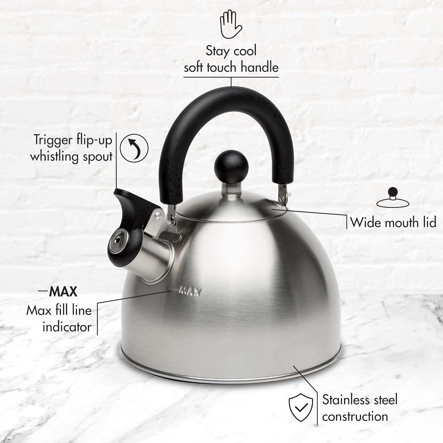 Brushed Stainless Steel Whistling Tea Kettle with Black Handle