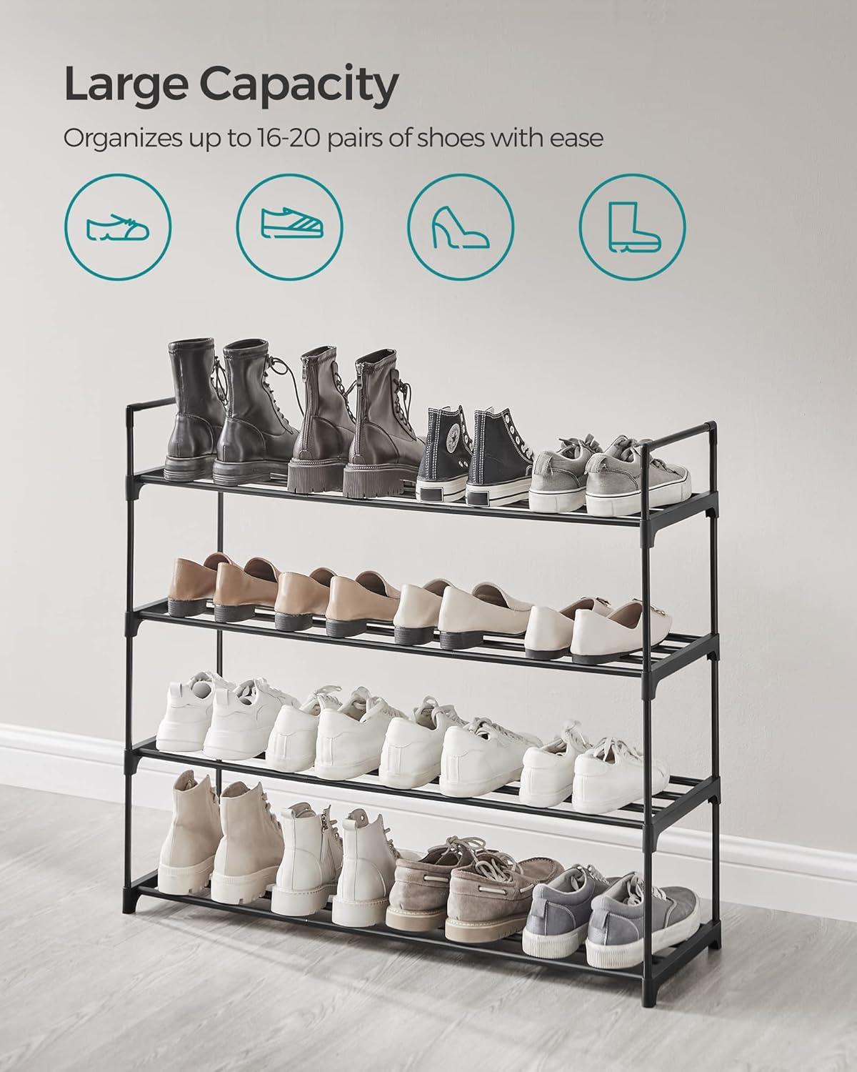 Black 4-Tier Metal and Plastic Stackable Shoe Rack